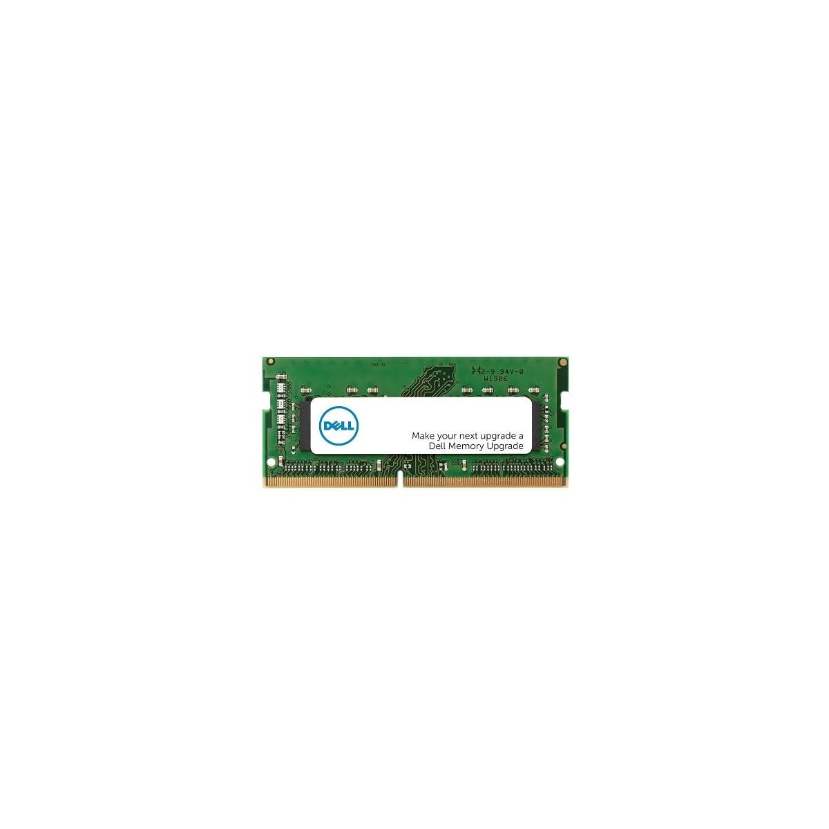 Moduł RAM z logo i tekstem Dell. Moduł jest zielony ze złotymi złączami i na białym tle.