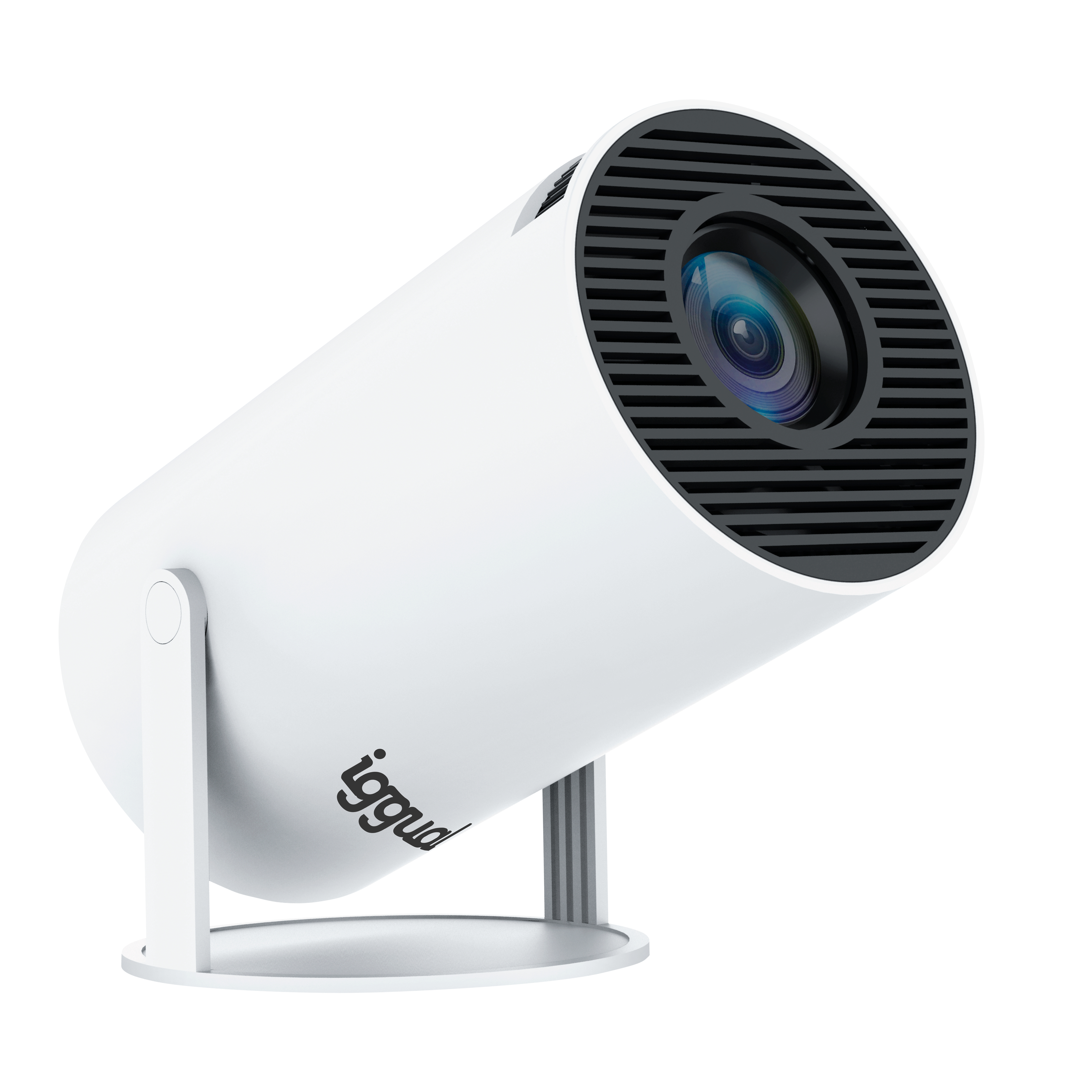 Un proyector blanco con lente y rejillas negras, inclinado hacia arriba. Tiene un soporte y la marca 'iggual'.