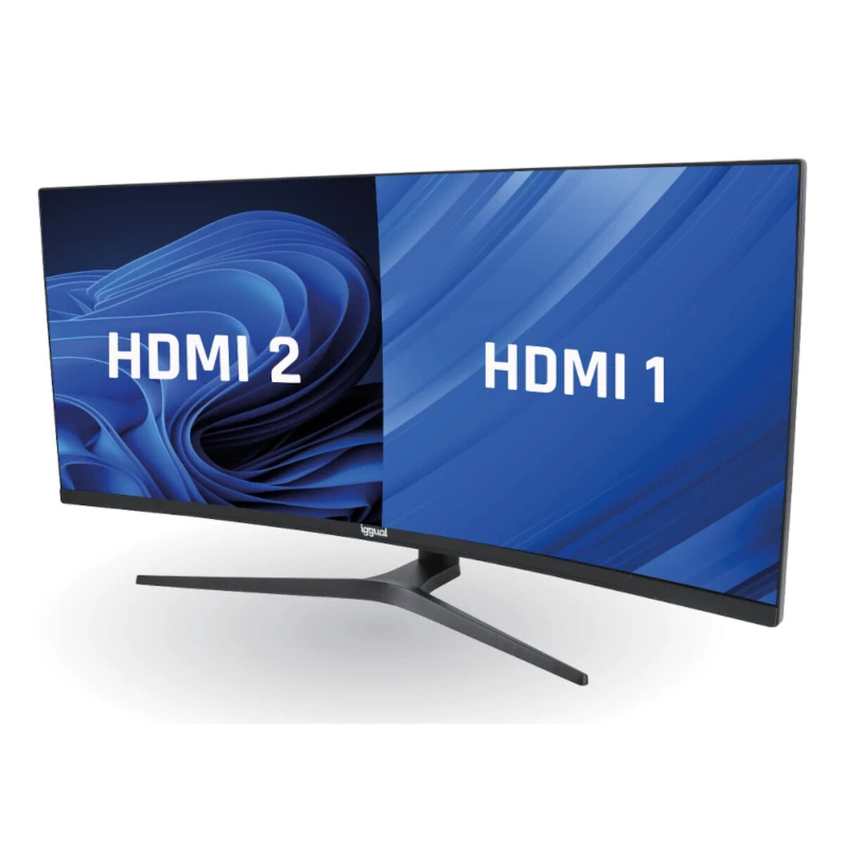 Zakrzywiony monitor wyświetla 'HDMI 2' i 'HDMI 1' z niebieskim tłem. Monitor ma czarną podstawę. Marka to 'igguai'.