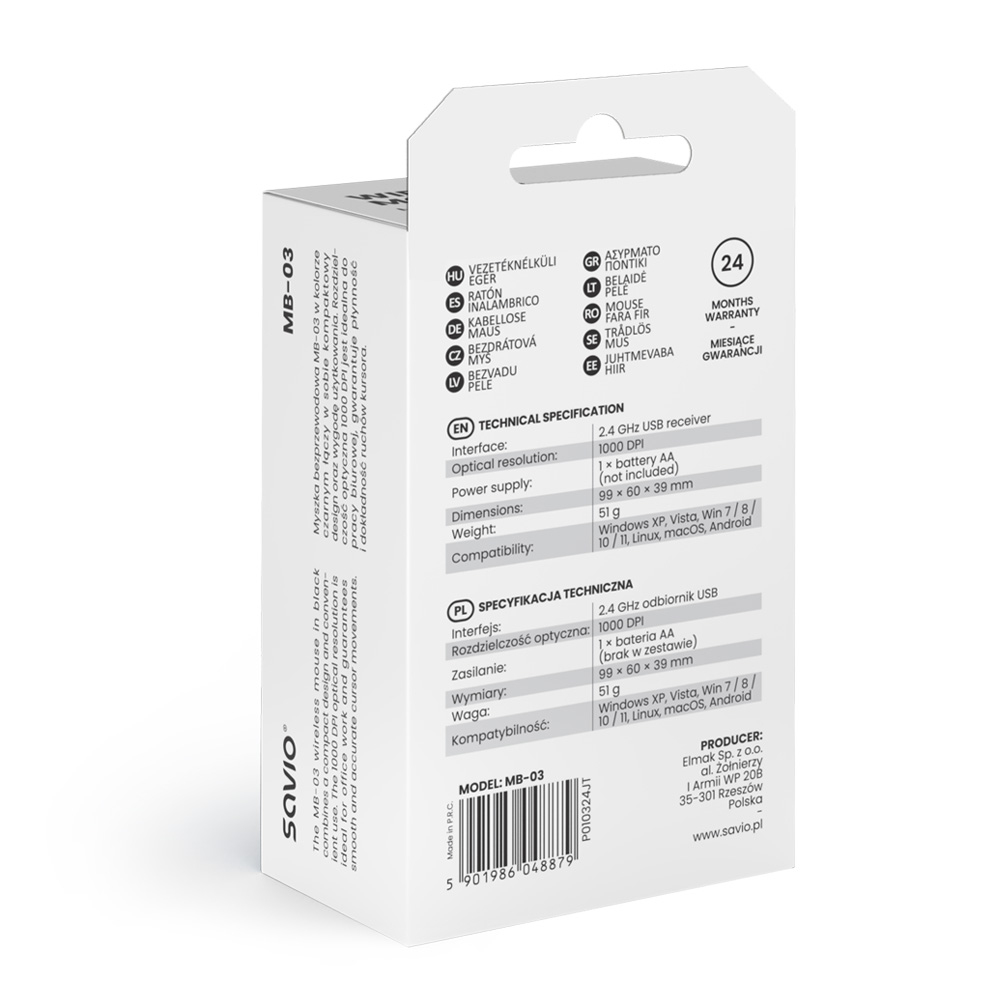 Opakowanie z czarną myszą bezprzewodową i specyfikacją techniczną.