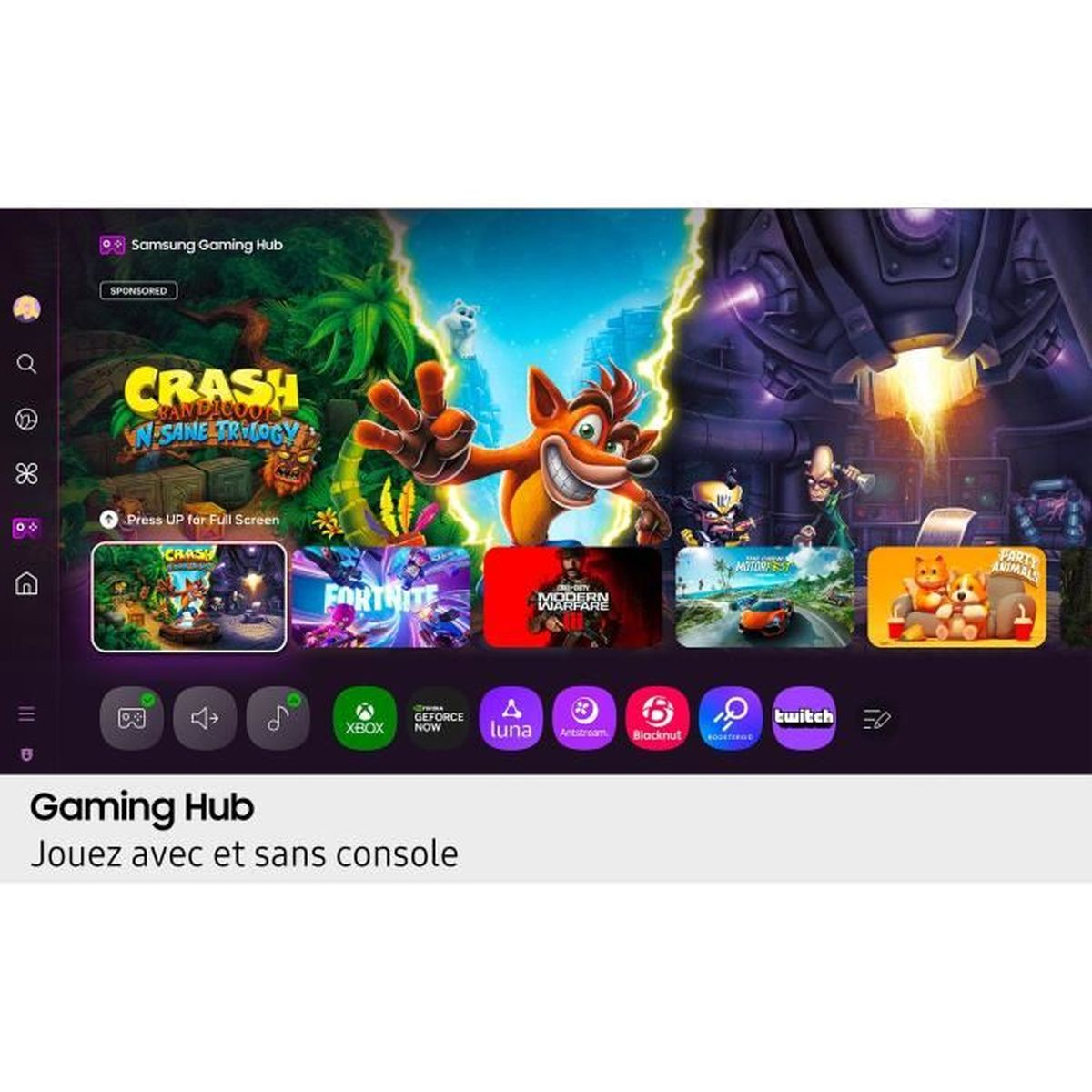 Samsung Gaming Hub z różnymi ikonami gier, w tym Crash Bandicoot, Fortnite i Modern Warfare. Ikony dla Xbox, Luna i Twitch.