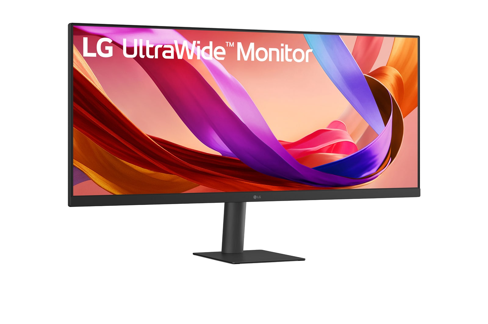 Monitor LG UltraWide z czarną ramką i podstawą. Ekran wyświetla kolorowe abstrakcyjne kształty.