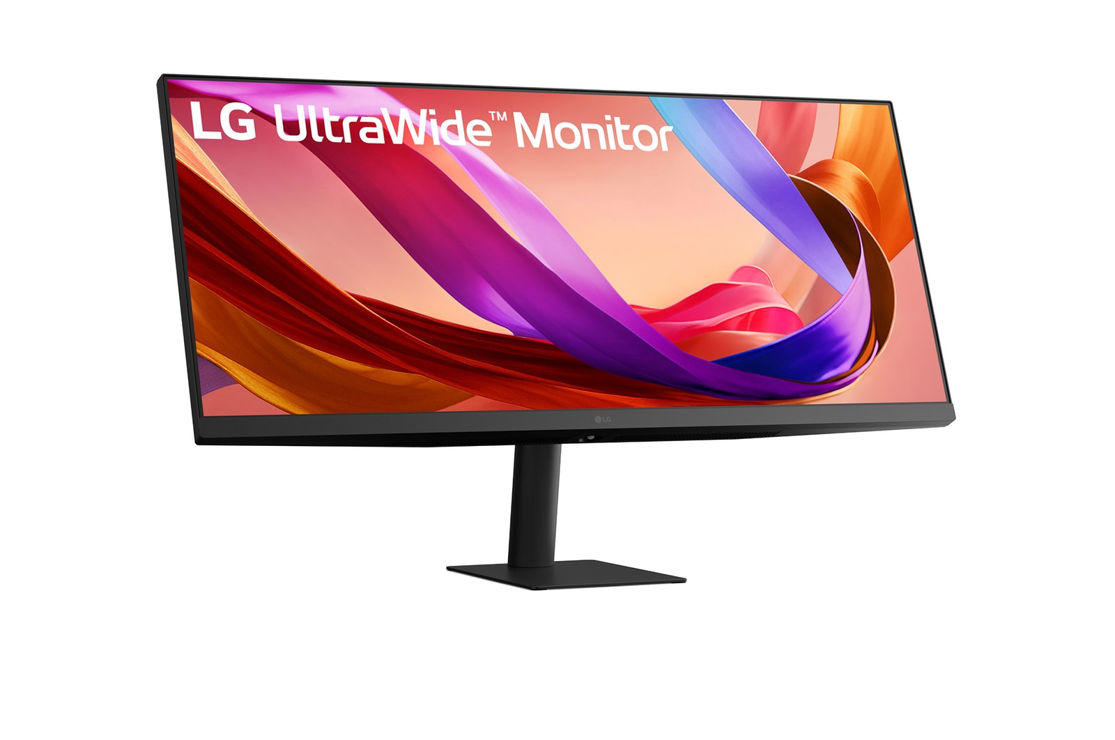 Monitor LG UltraWide z kolorowym, abstrakcyjnym tłem. Czarna podstawa i ramka, białe tło.