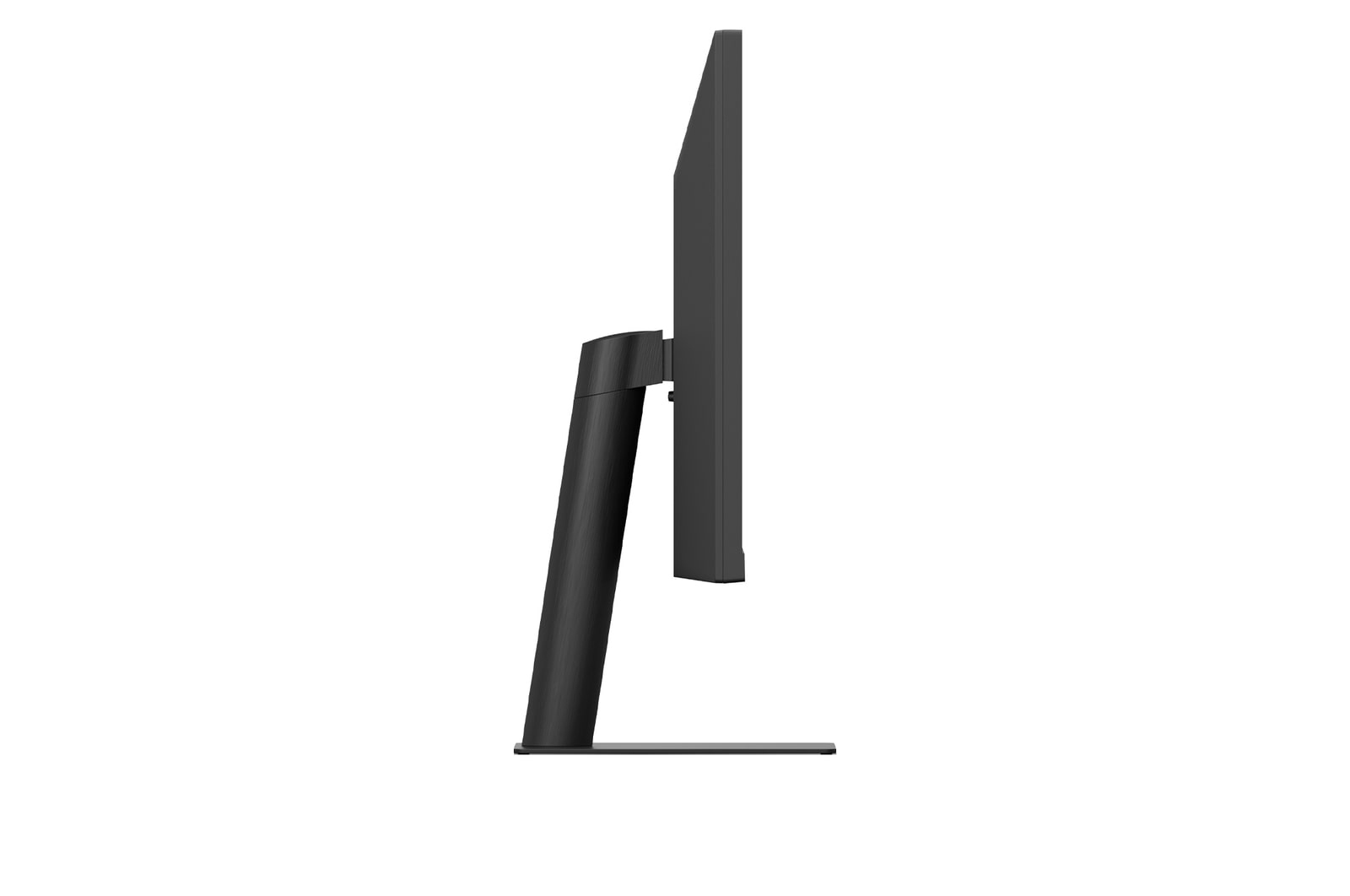 Widok z boku czarnego monitora komputera. Monitor jest podparty czarną podstawą na białym tle.