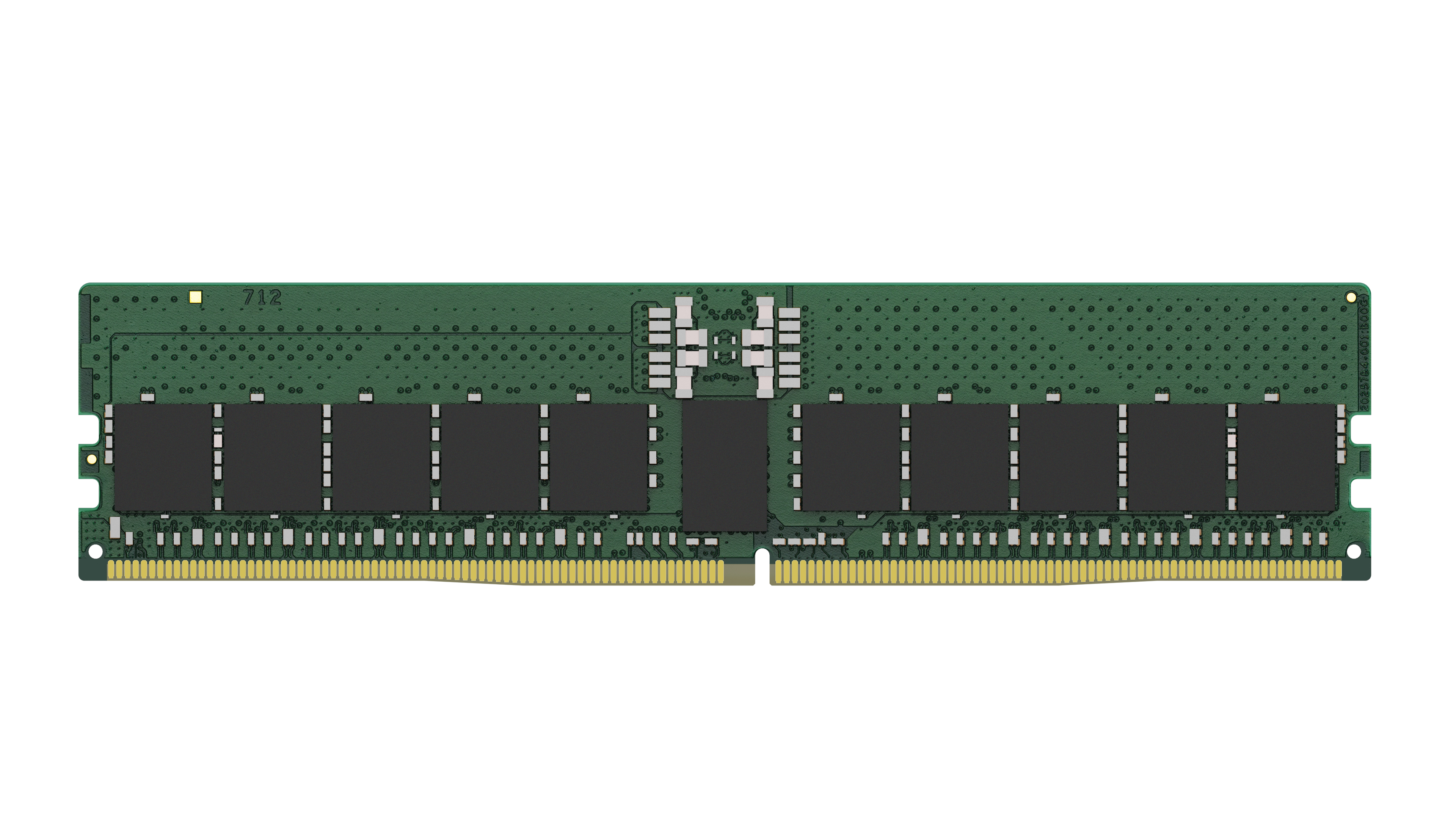 Un module RAM vert avec des puces noires, des connecteurs dorés et le numéro 712. Sur fond blanc.