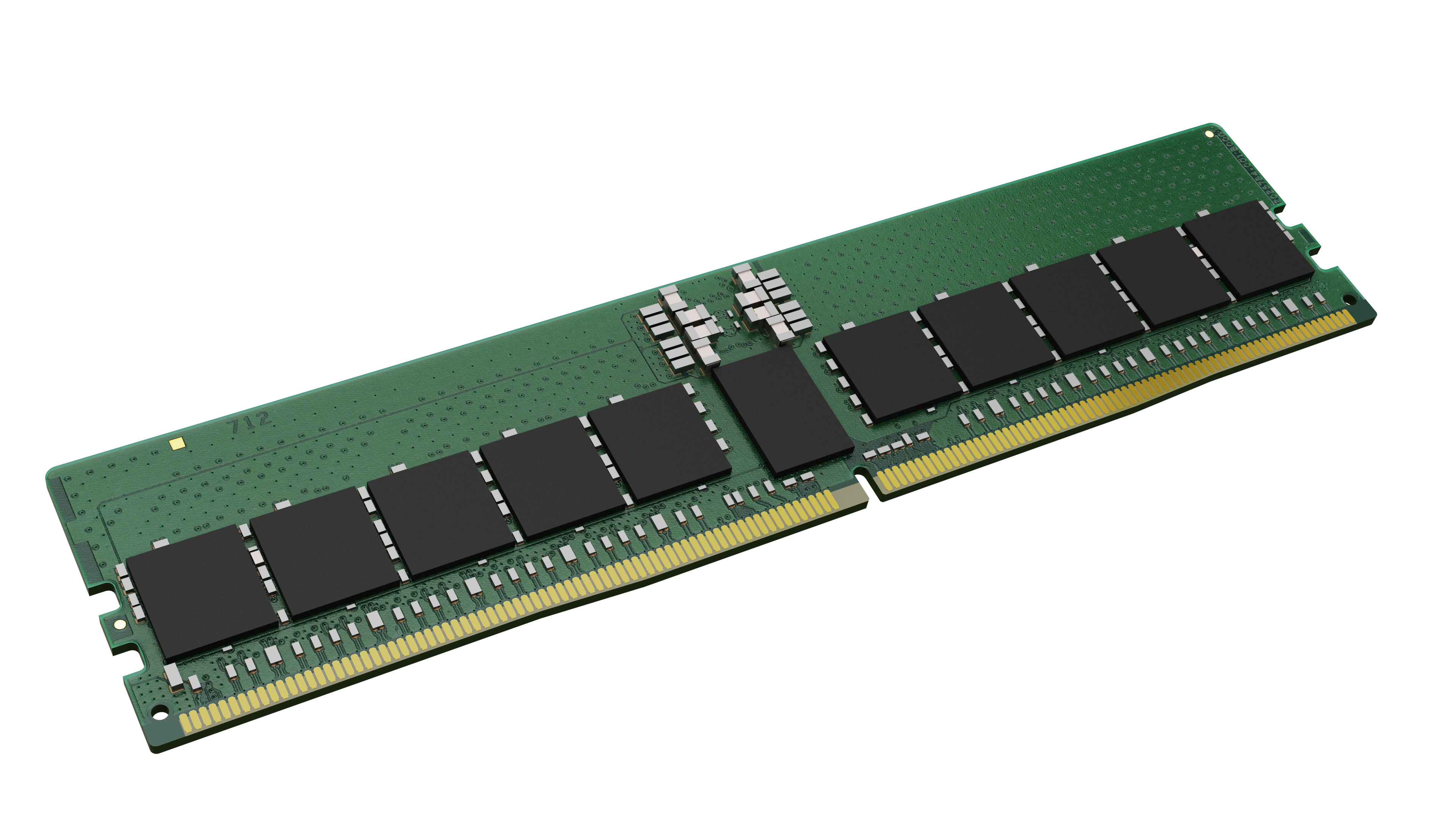 Un module RAM vert avec des puces noires et des connecteurs dorés sur fond blanc. C'est un composant informatique.