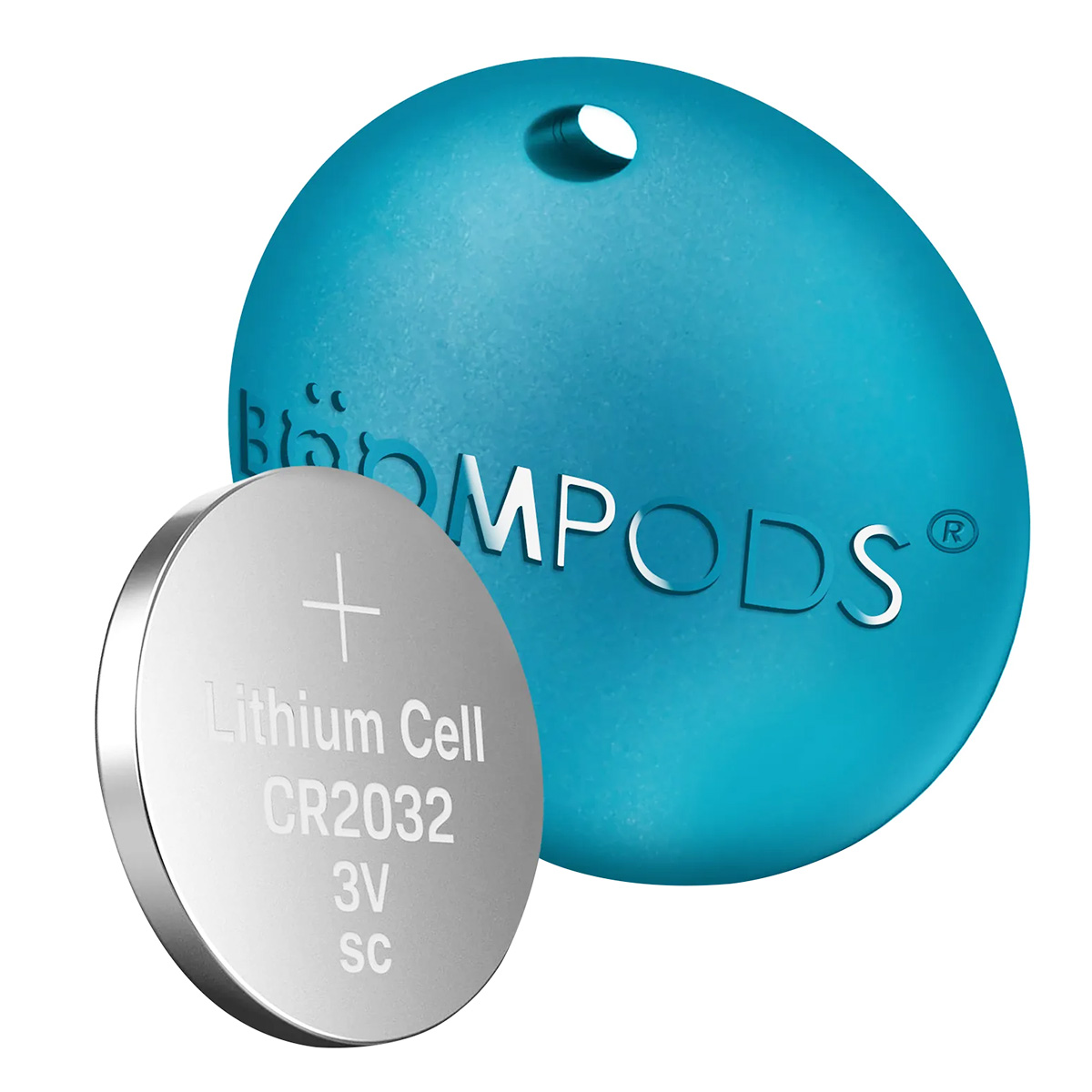Turkusowy, okrągły przedmiot z napisem 'MPODS' i małą, srebrną baterią CR2032 na pierwszym planie.