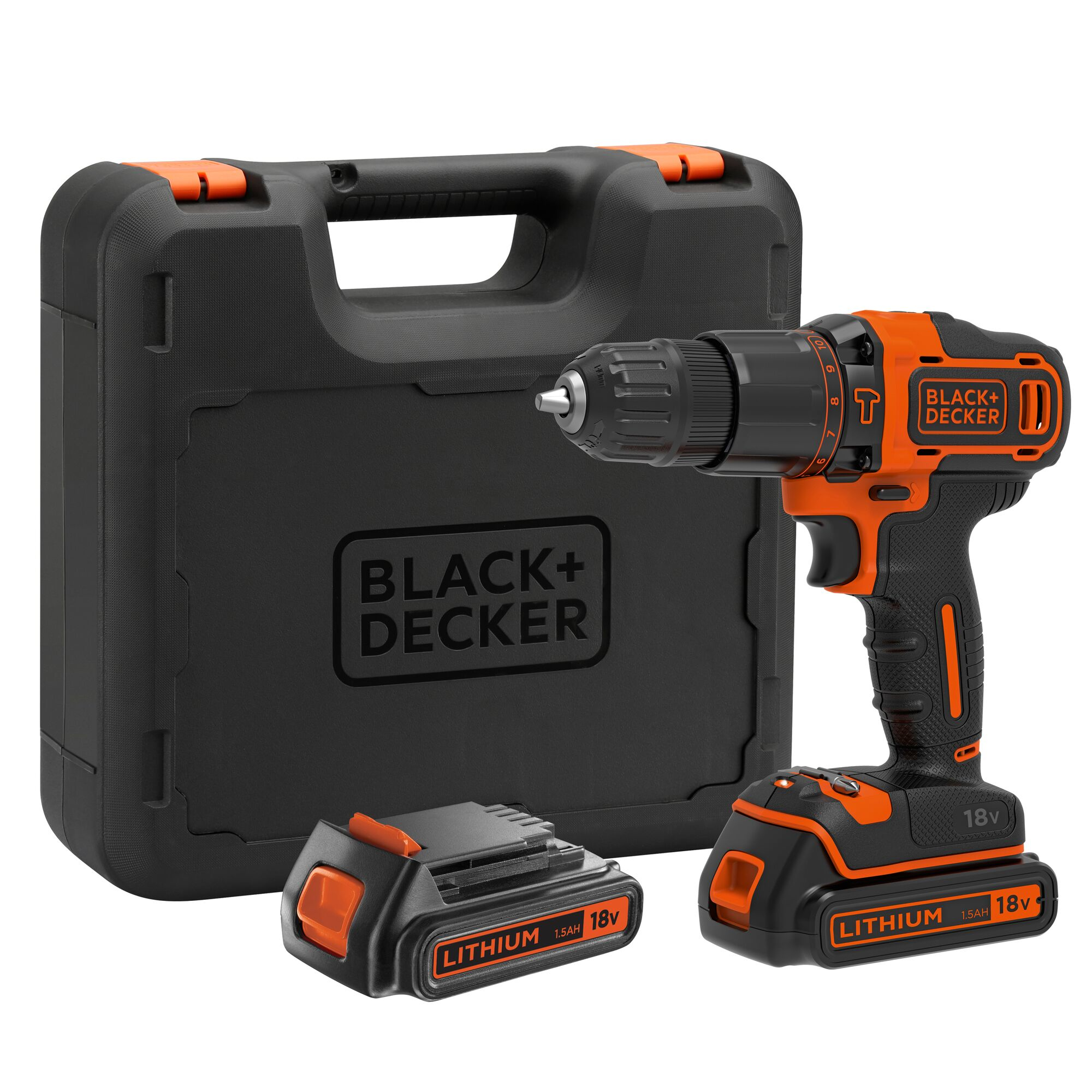Zestaw wiertarki akumulatorowej Black+Decker. Zawiera wiertarkę, akumulator i walizkę. Czarno-pomarańczowa kolorystyka.