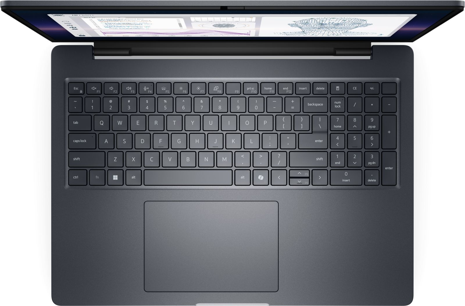 Widok z góry na ciemnoszary laptop. Klawiatura w centrum, widoczne klawisze. Ekran wyświetla grafikę, otwarty. Panel dotykowy na dole.