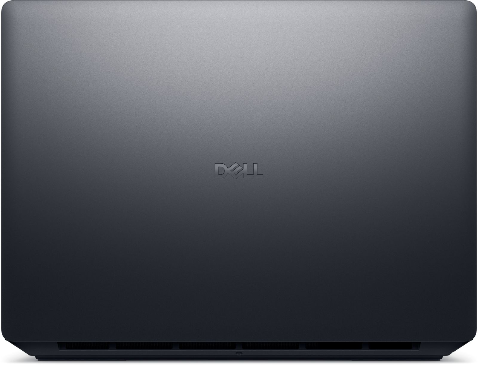 Tył szarego laptopa z logo Dell na środku. Powierzchnia ma gradient od ciemnoszarego do jasnoszarego.