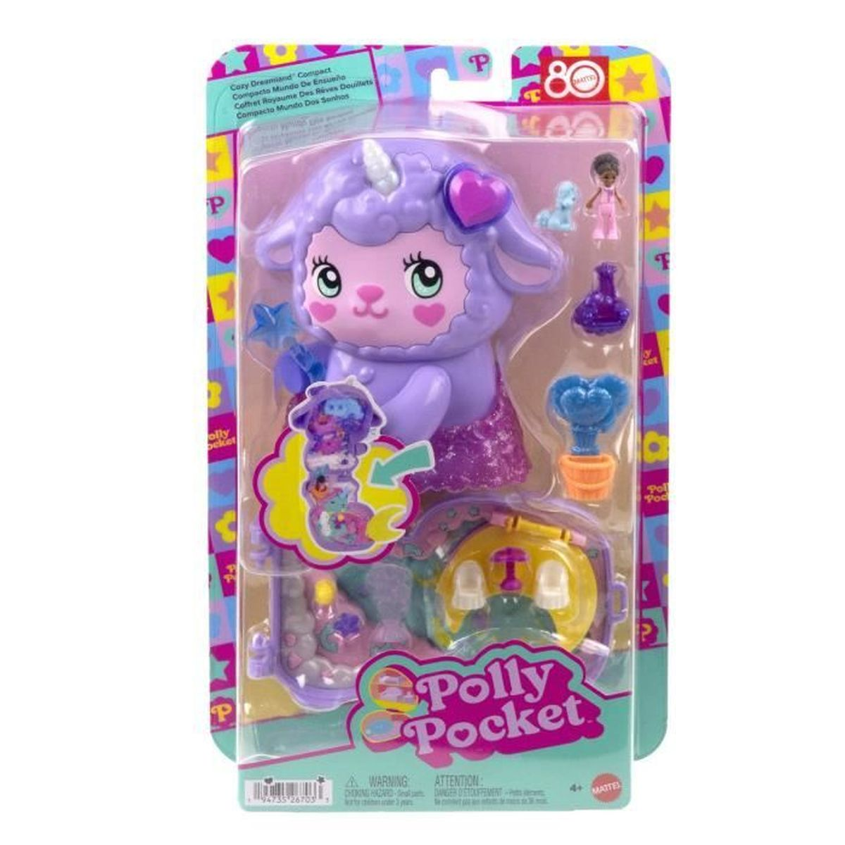 Zestaw zabawek Polly Pocket. Fioletowa figurka owcy z akcesoriami, w tym małą lalką, butelką, niebieskim kwiatem i żółtym powozem.