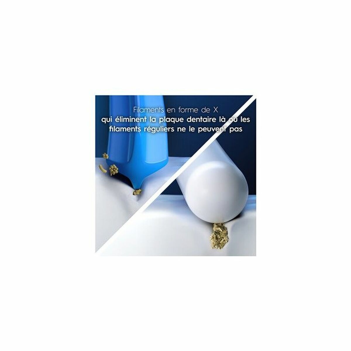 Obrazek przedstawia niebiesko-białą główkę szczoteczki do zębów z włóknami w kształcie X, które usuwają płytkę nazębną. Tekst wyjaśnia korzyść.