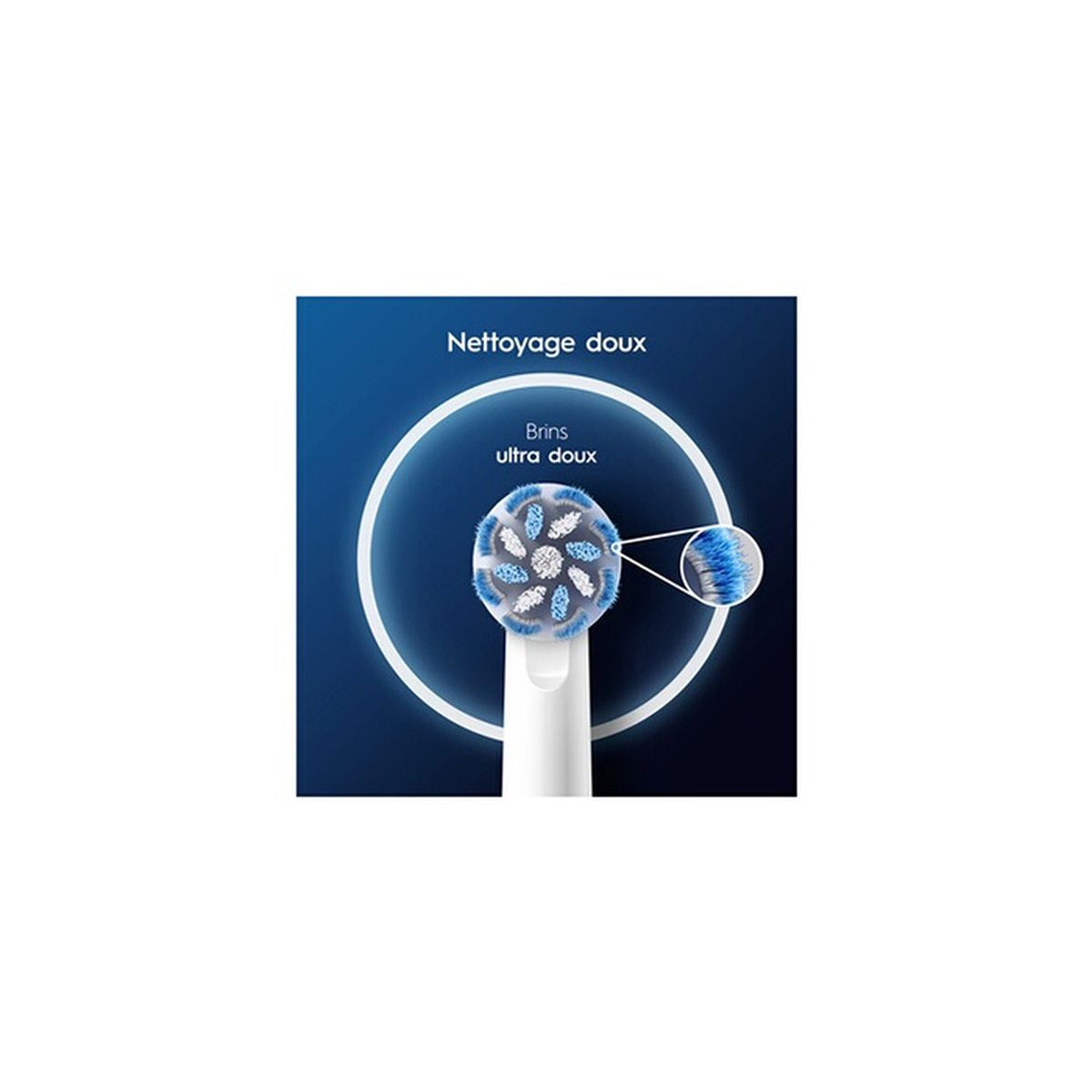 Główka szczoteczki elektrycznej z niebieskim i białym włosiem. Szczegółowy widok pokazuje miękkie włosie. Tekst: 'Nettoyage doux' i 'Brins ultra doux'.