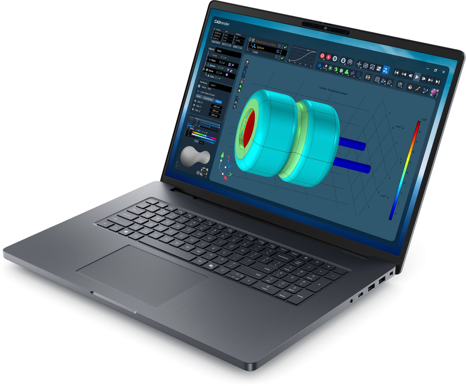 Laptop wyświetla model 3D komponentu, z niebiesko-czerwoną kolorystyką. Klawiatura laptopa jest widoczna.