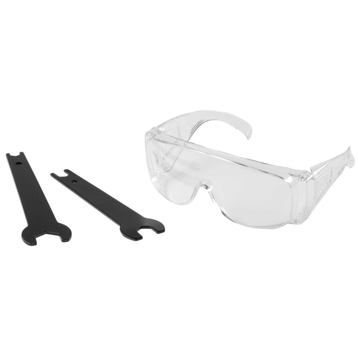 Image shows clear safety glasses and two black wrenches on a white background. The tools are for construction.