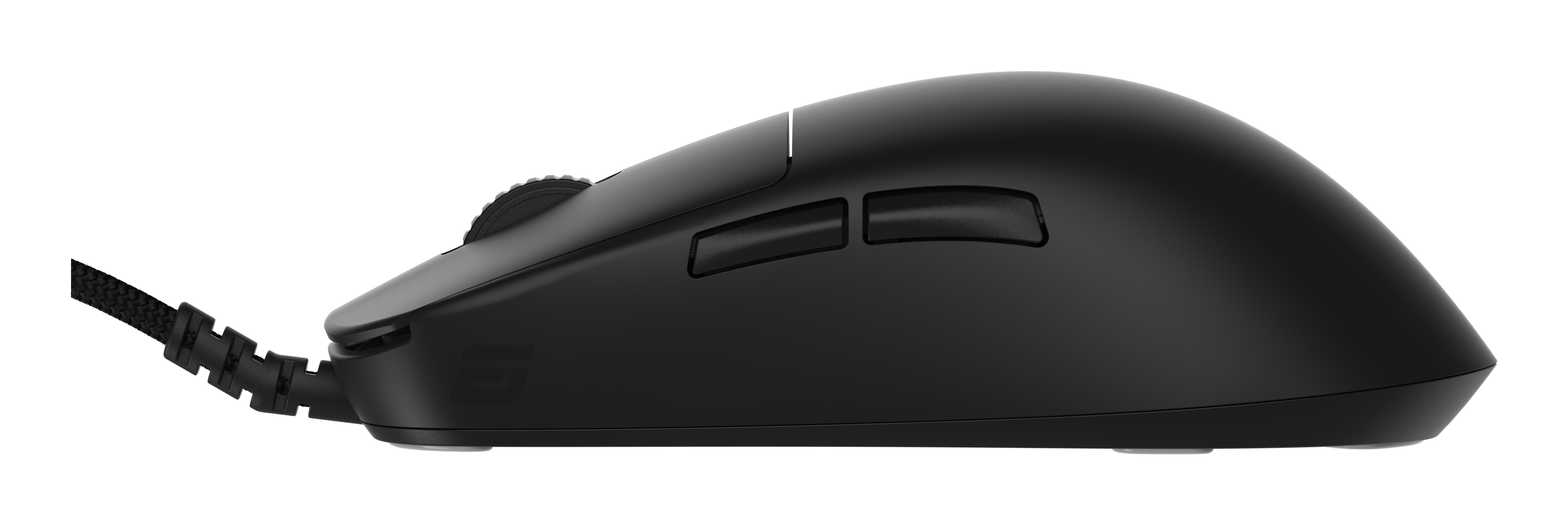 Zwarte computermuis met een getextureerde kabel en twee zijknoppen. Het scrollwiel en logo zijn zichtbaar.