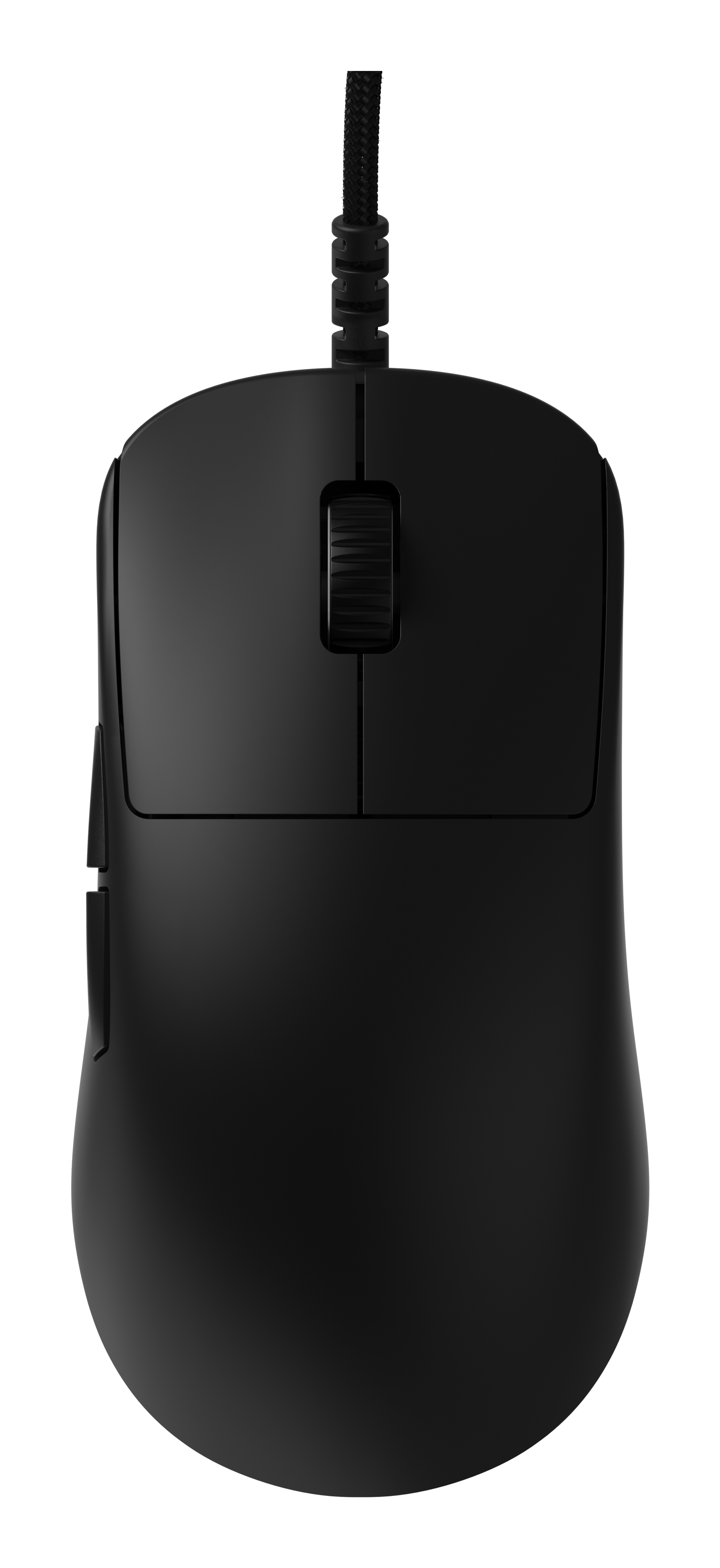 Een zwarte computermuis met gevlochten kabel is gecentreerd. Het heeft twee knoppen, een scrollwiel en een zijknop aan de linkerkant.