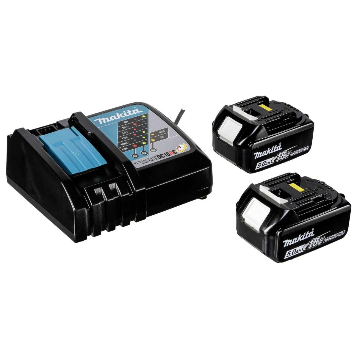 Czarna ładowarka Makita z dwoma bateriami. Ładowarka ma niebieskie gniazdo. Baterie są czarne z białymi i żółtymi akcentami.