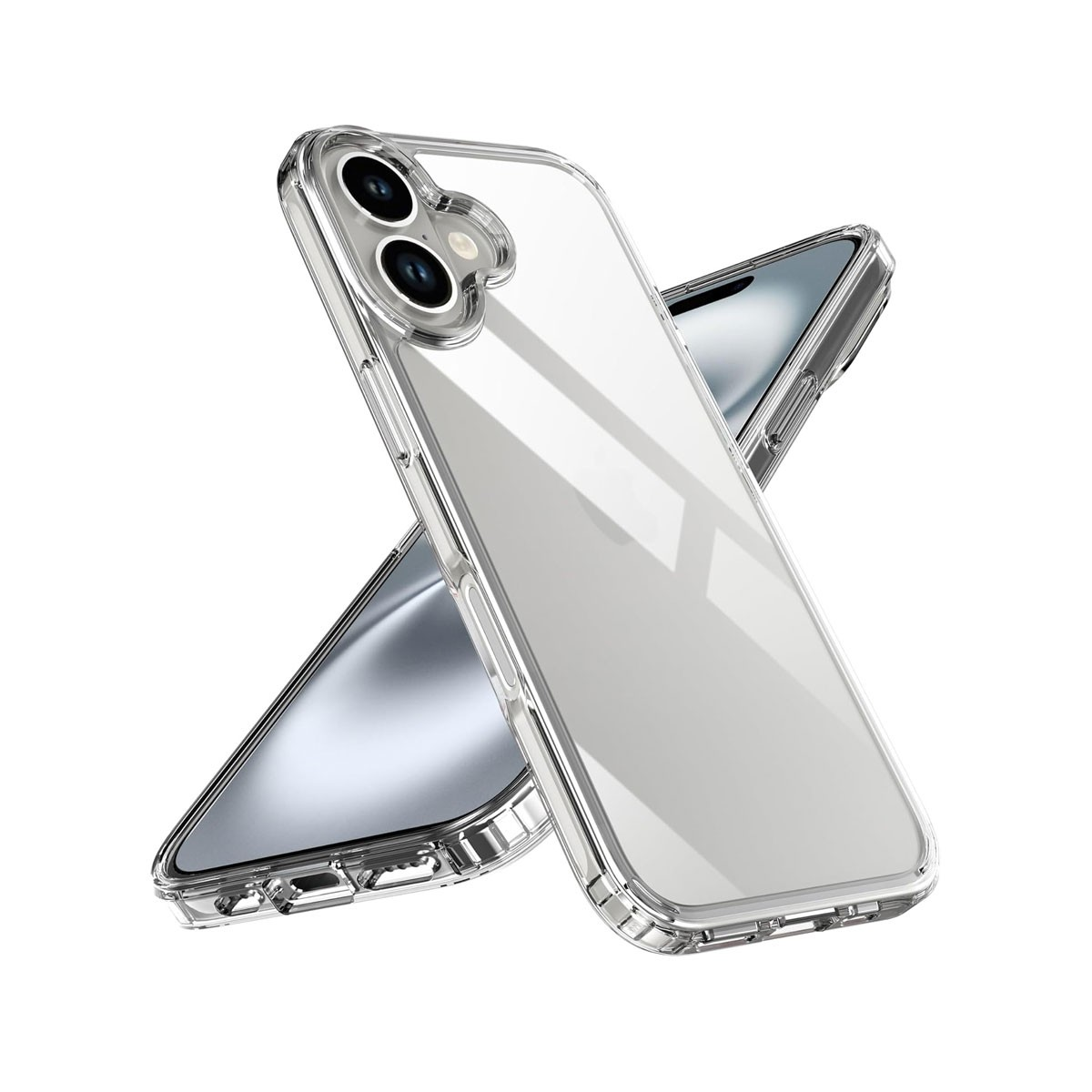 Due custodie trasparenti per telefono si incrociano, mostrando i ritagli della fotocamera. Lo sfondo è bianco. Le custodie hanno una finitura lucida.