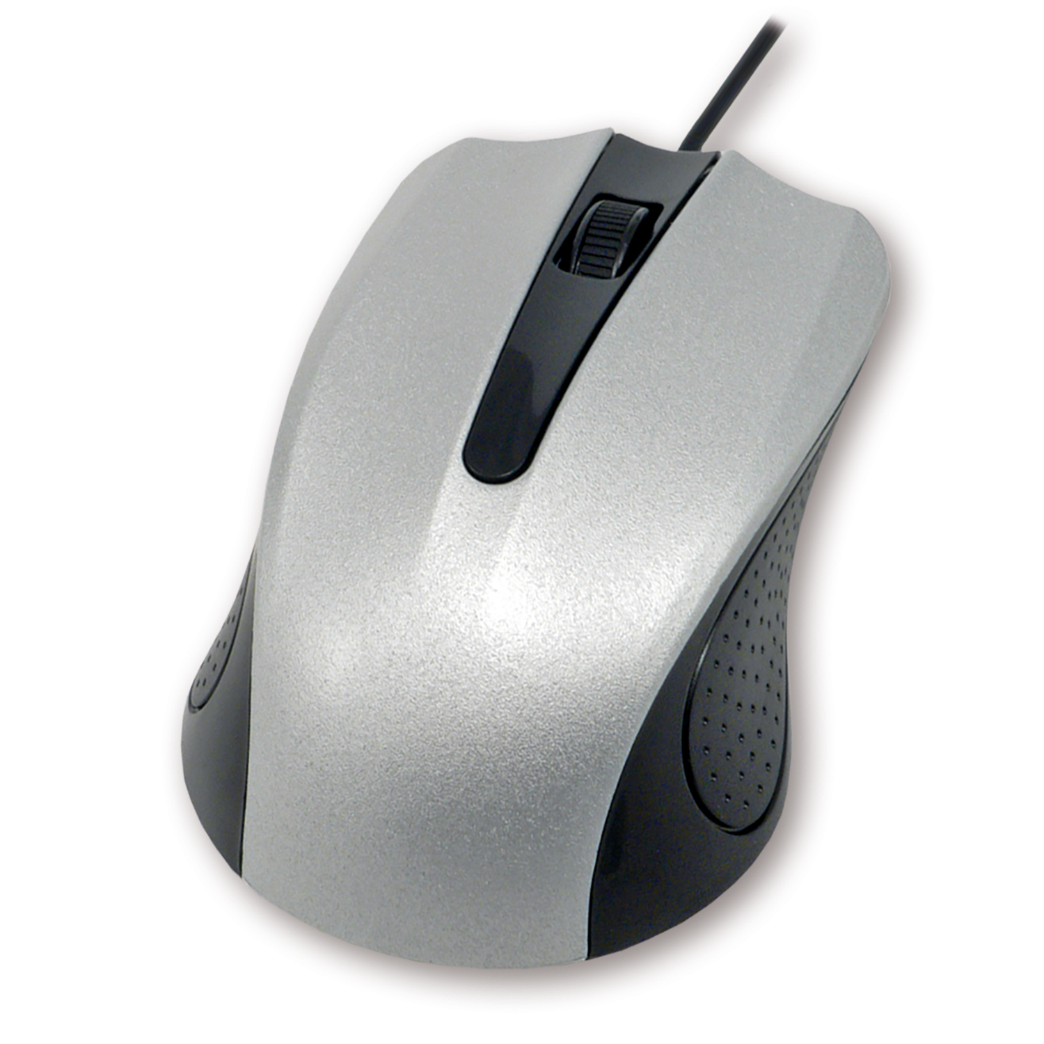 Un mouse per computer argentato e nero. Ha una rotellina e un cavo. Lo sfondo è bianco.