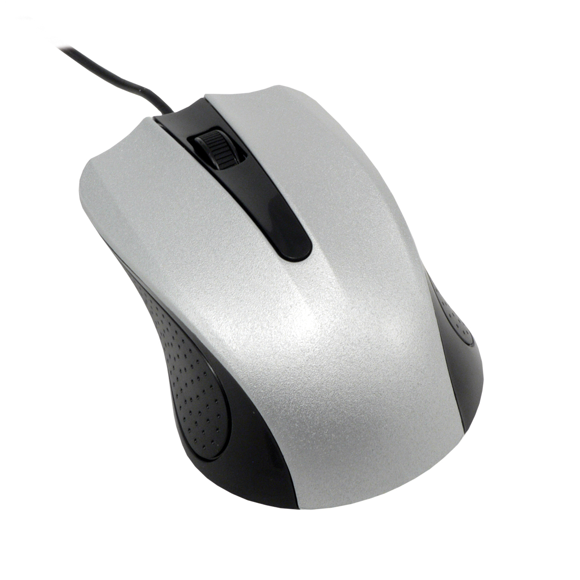 Un mouse per computer argento e nero con una rotella di scorrimento e un cavo nero. Il mouse è isolato su sfondo bianco.