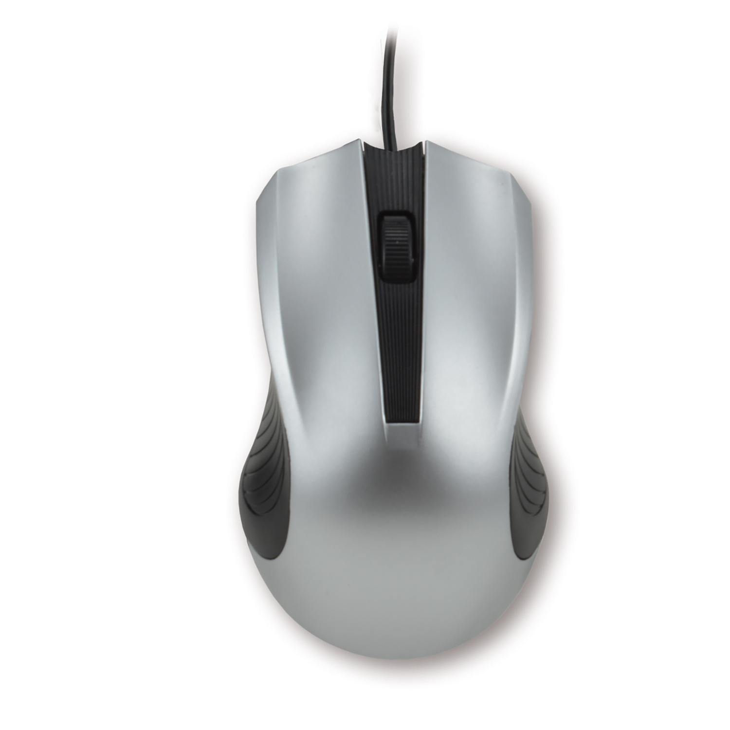 Un mouse per computer argentato con dettagli neri e una rotella di scorrimento nera, su una superficie bianca.
