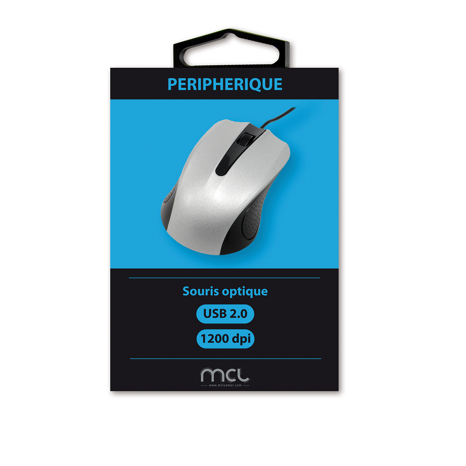 Un mouse per computer nella sua confezione. Il mouse è argento e nero. Il testo sulla confezione include 'Souris optique USB 2.0 1200 dpi'.