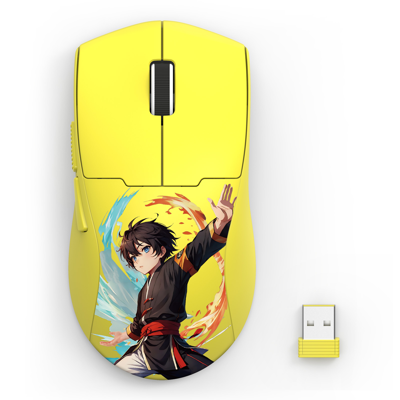 Souris sans fil jaune avec illustration de personnage d'anime et récepteur USB sur une surface blanche.