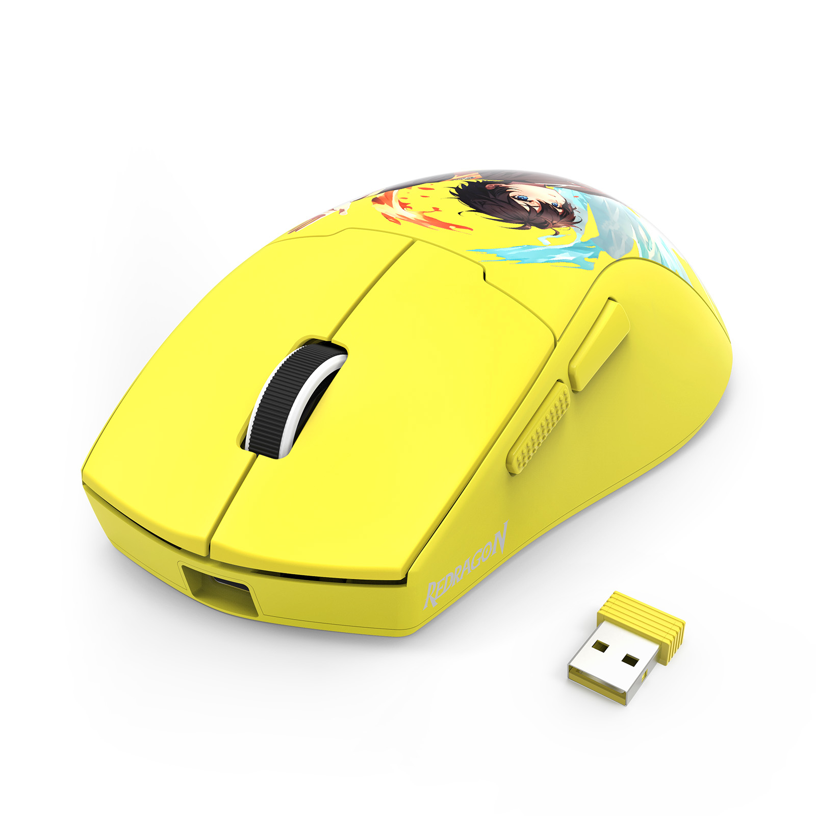 Souris sans fil Redragon jaune avec un design de personnage sur le dessus et une clé USB. Fond blanc.