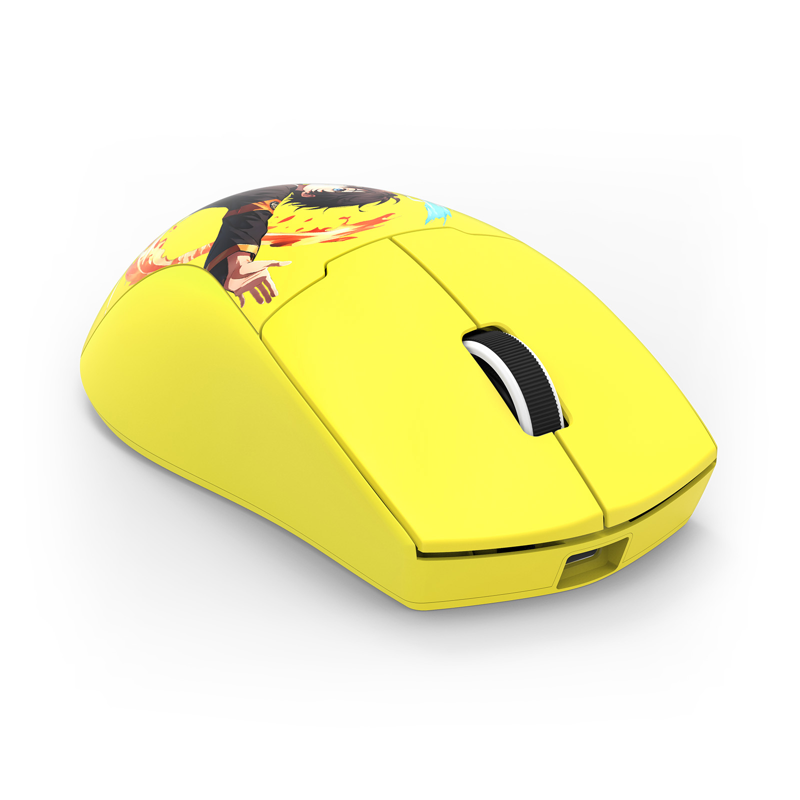 Souris d'ordinateur jaune avec molette et motif dessus. Fond blanc.