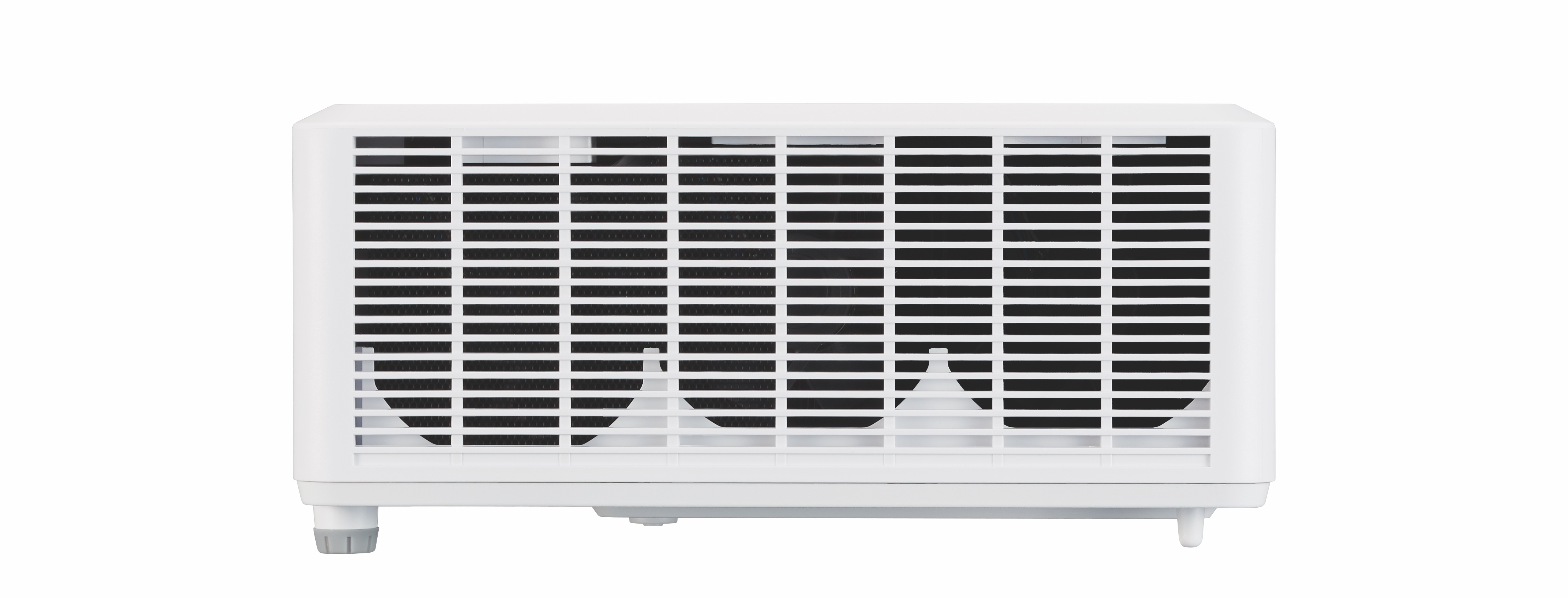 Białe prostokątne urządzenie z czarną siatką z przodu. Ma małe nóżki i białe tło.