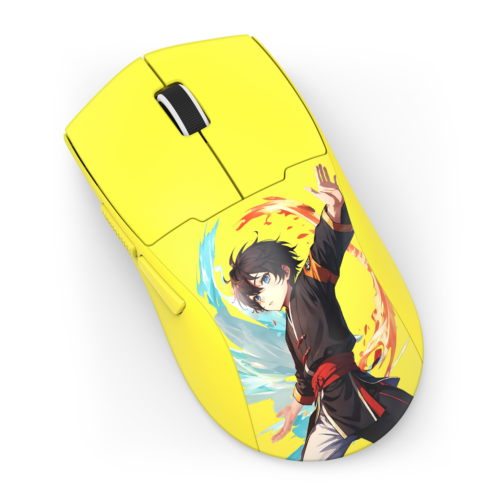 Souris d'ordinateur jaune avec de l'art de personnages d'anime. L'art présente une figure aux cheveux noirs et aux yeux bleus, entourée de feu.