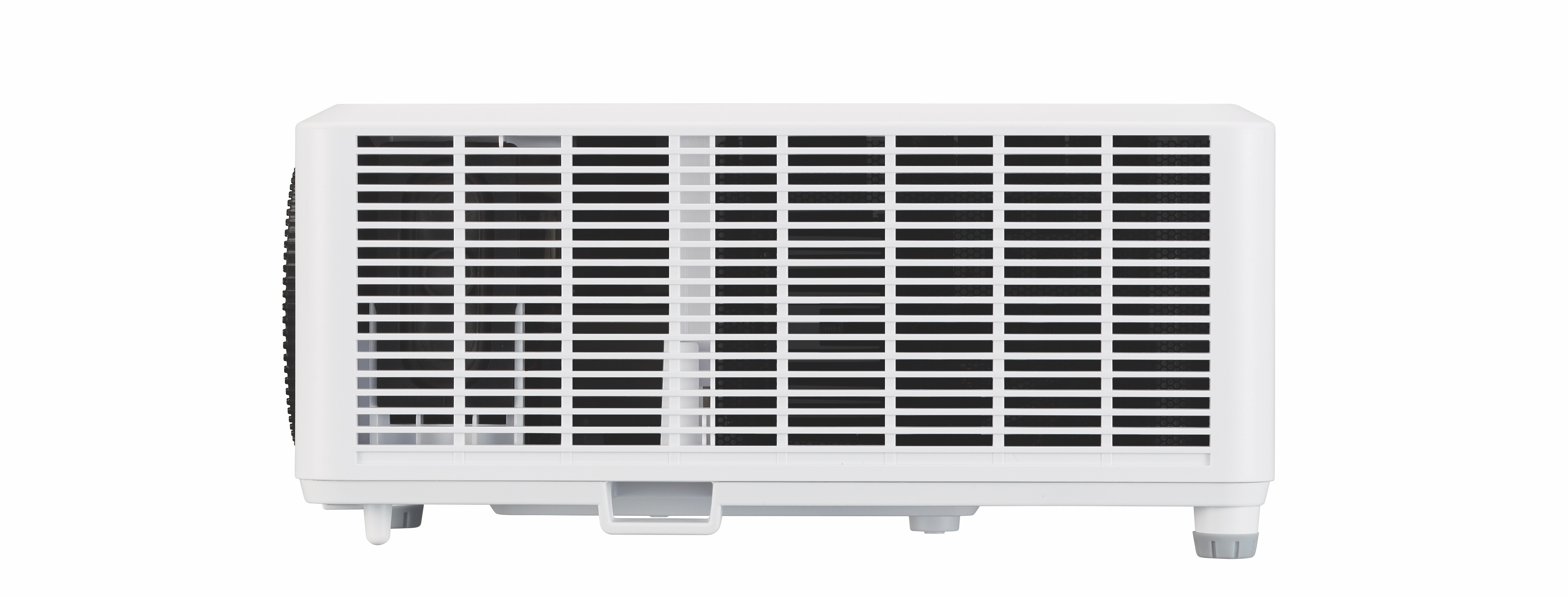 Białe prostokątne urządzenie z czarną kratką. Posiada uchwyt i wsporniki. Tło jest białe.