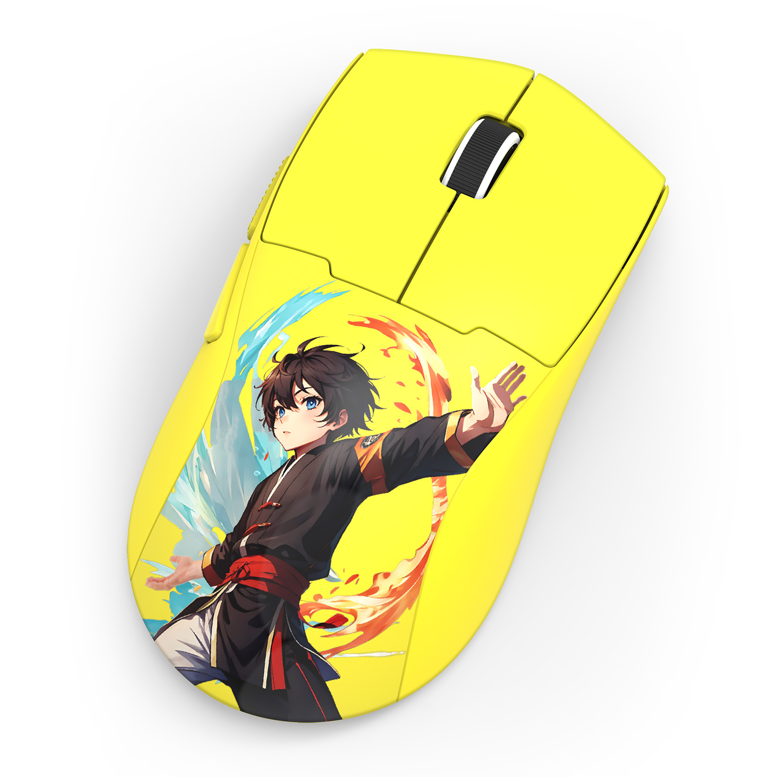 Souris sans fil jaune avec un design de personnage d'anime. Le personnage est un jeune homme aux cheveux noirs et aux yeux bleus, en position de combat.