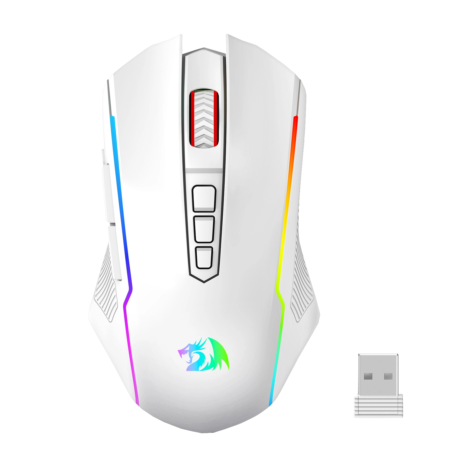 Mouse da gioco bianco con illuminazione RGB. Include un ricevitore USB. Il mouse ha un logo di drago.