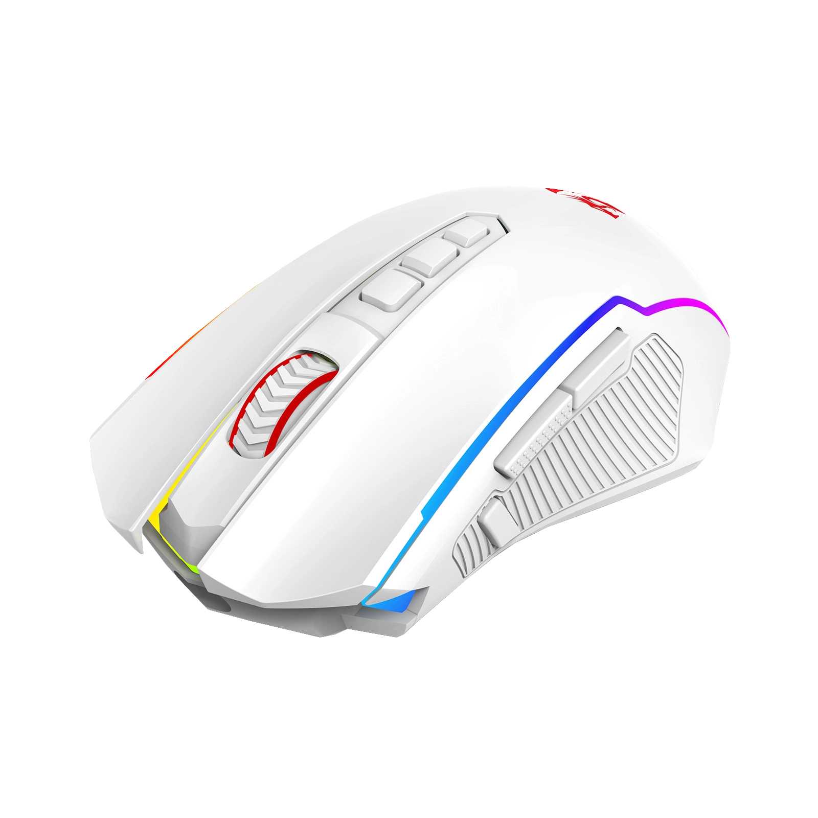 Un mouse da gioco bianco con luci colorate. Ha pulsanti e una rotella. È su uno sfondo bianco.
