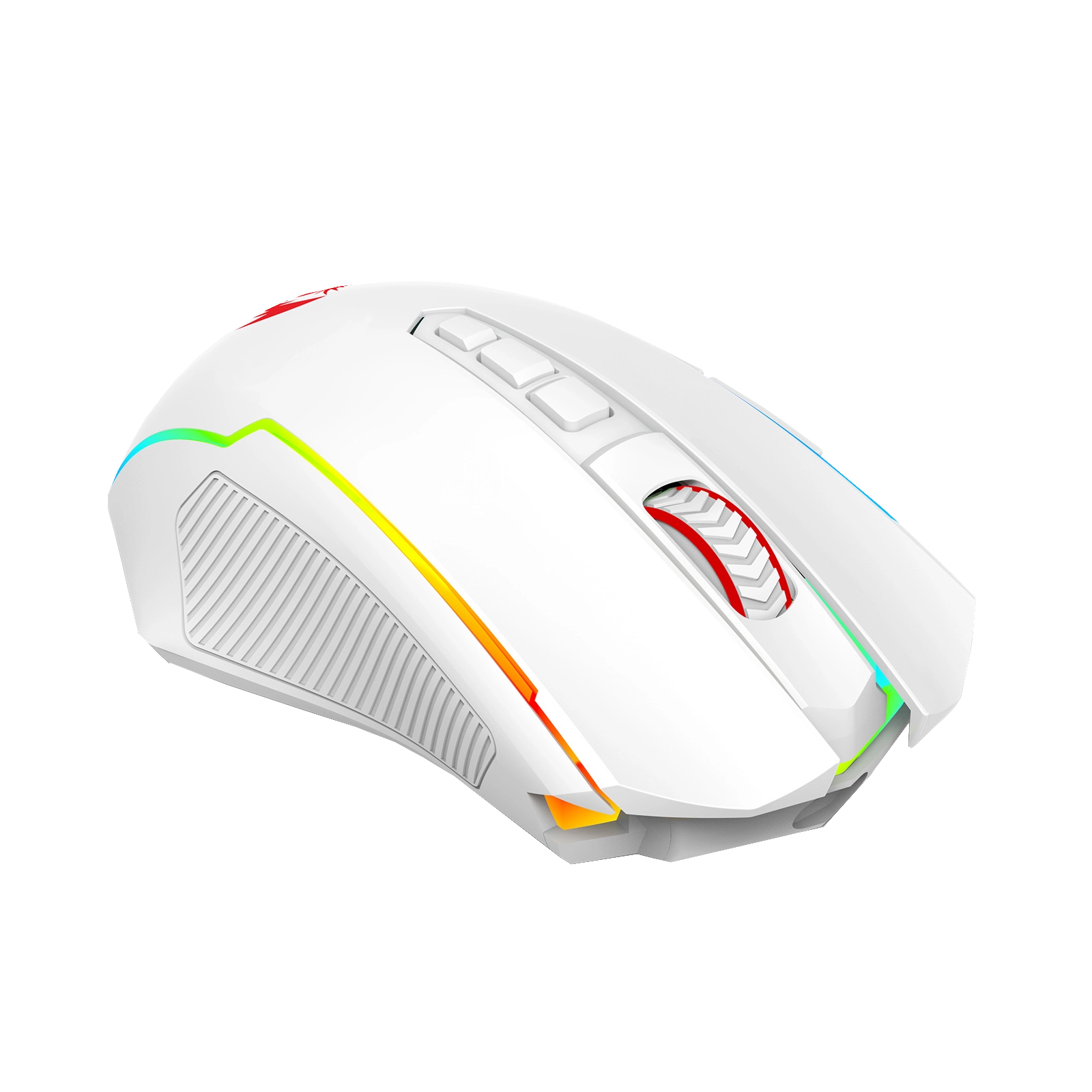 Un mouse da gaming bianco con illuminazione RGB. Ha pulsanti, una rotellina e un logo. Lo sfondo è bianco.
