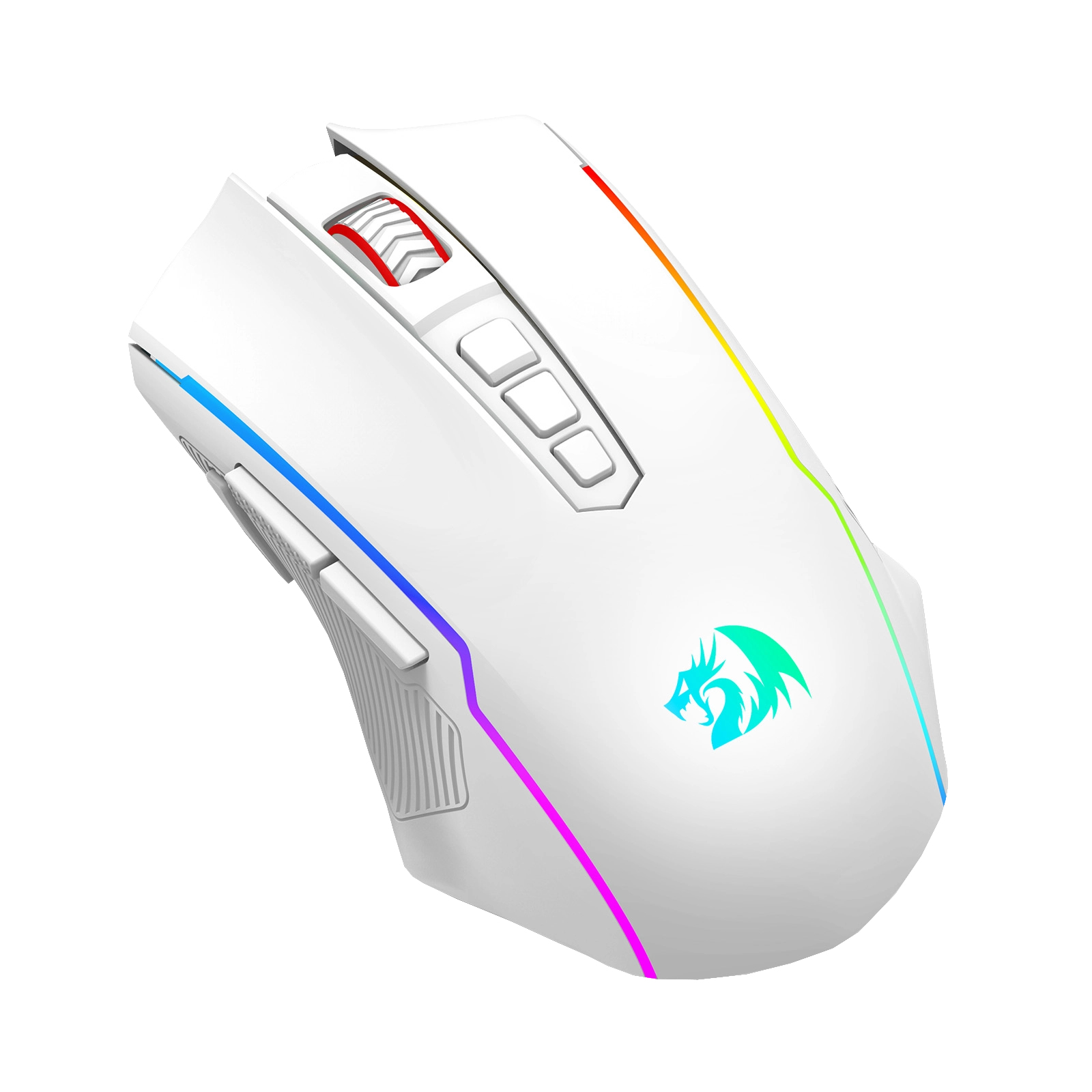 Un mouse da gaming bianco con dettagli di illuminazione colorati, tra cui una rotella, pulsanti e un logo del drago.