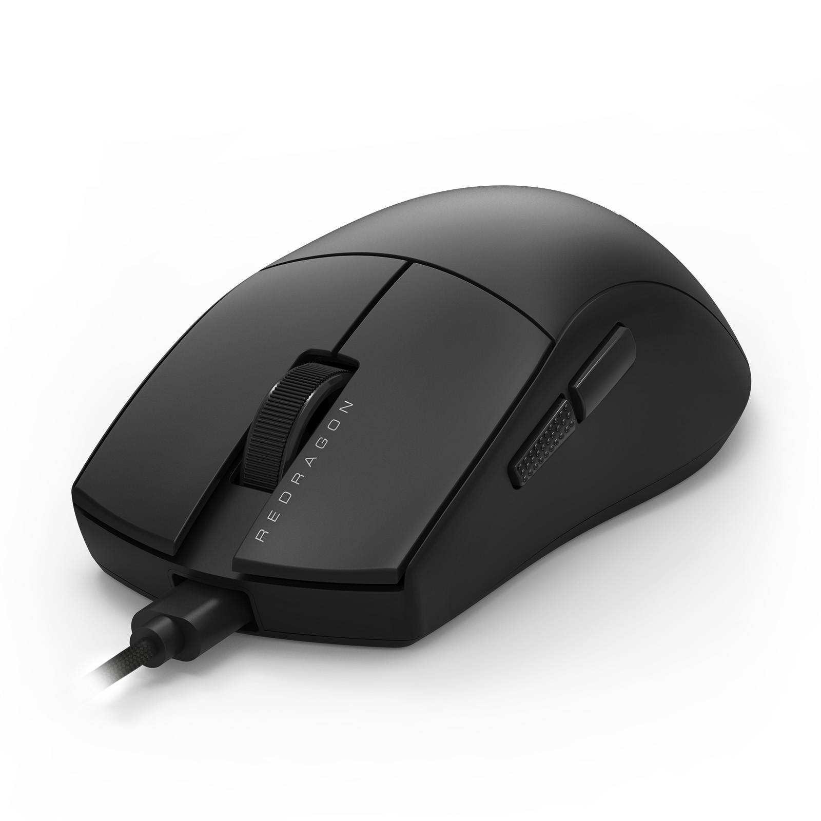 Black Redragon gaming mouse with cord on white background. Features buttons, scroll wheel, and Redragon logo.