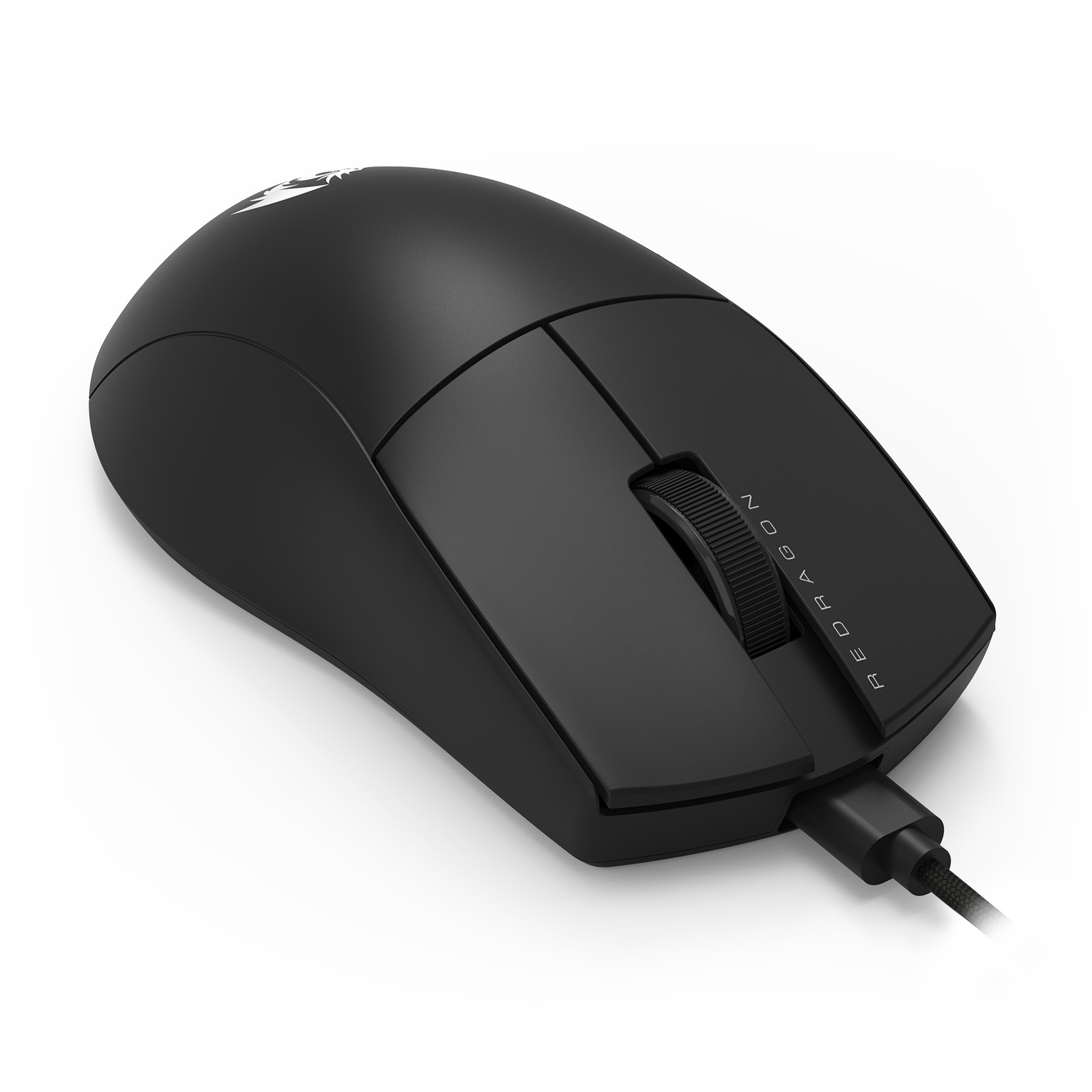 A black Redragon gaming mouse on a white background. The mouse has a scroll wheel and a USB cable.