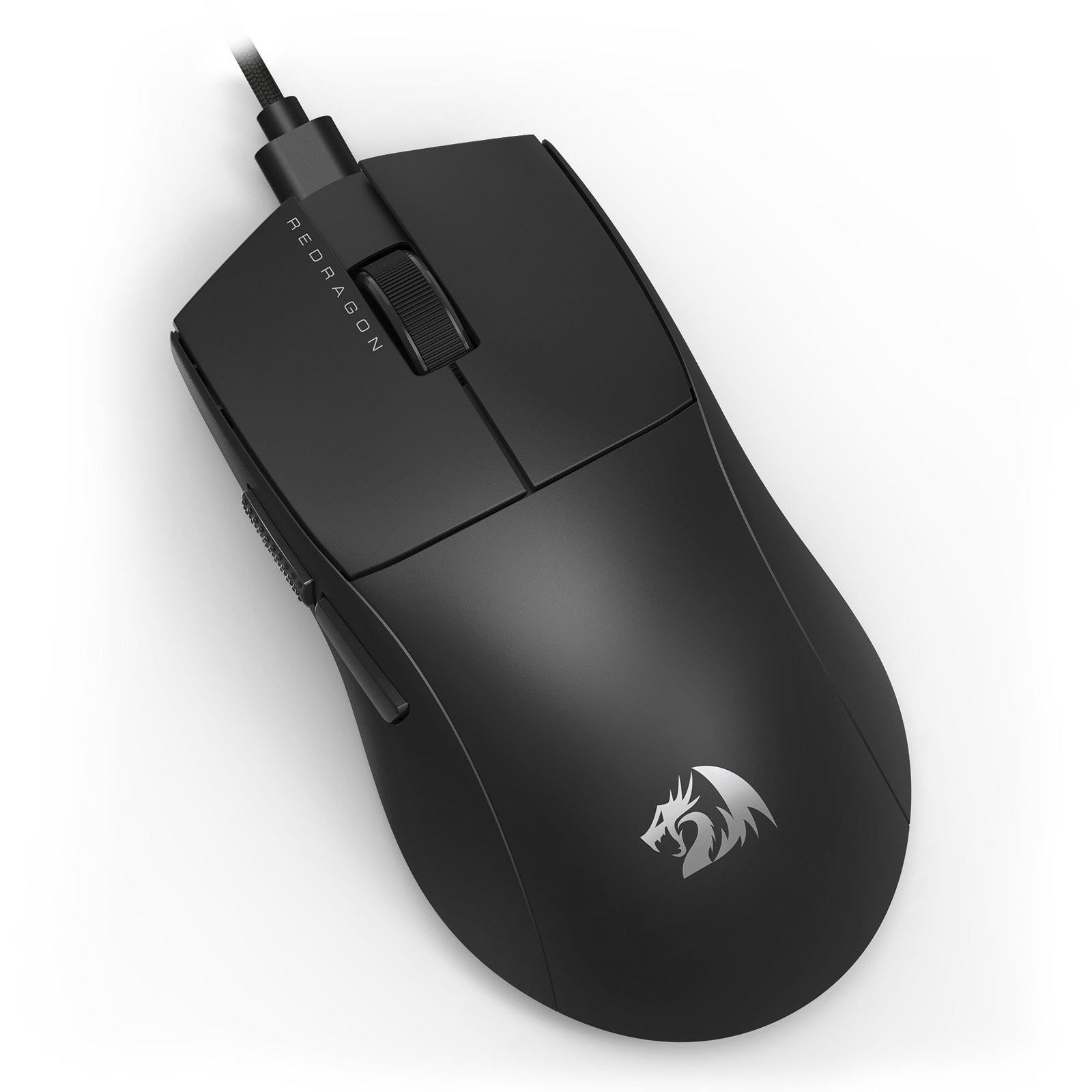 Black Redragon gaming mouse. It has a scroll wheel, side buttons, and a logo on a white background.