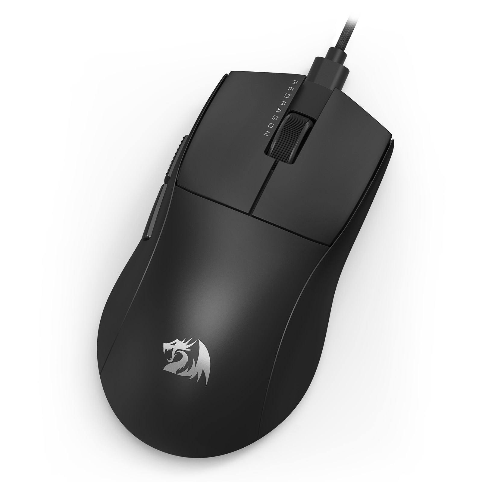 Black Redragon gaming mouse on white background. Features a scroll wheel, buttons, and logo.