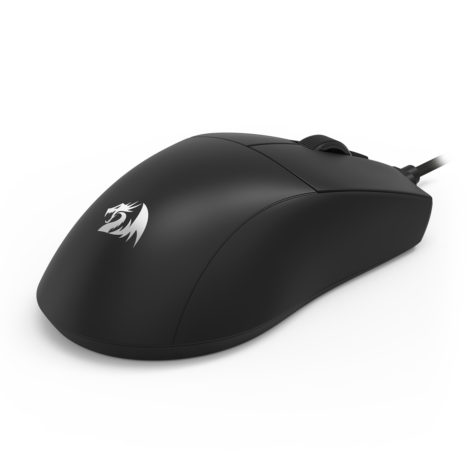 A black computer mouse with a silver logo. The mouse has a scroll wheel and a cable attached.