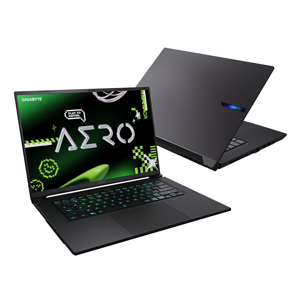 Dwa czarne laptopy na białym tle. Jeden otwarty, z zielonym ekranem i tekstem. Drugi zamknięty, z logo Gigabyte.