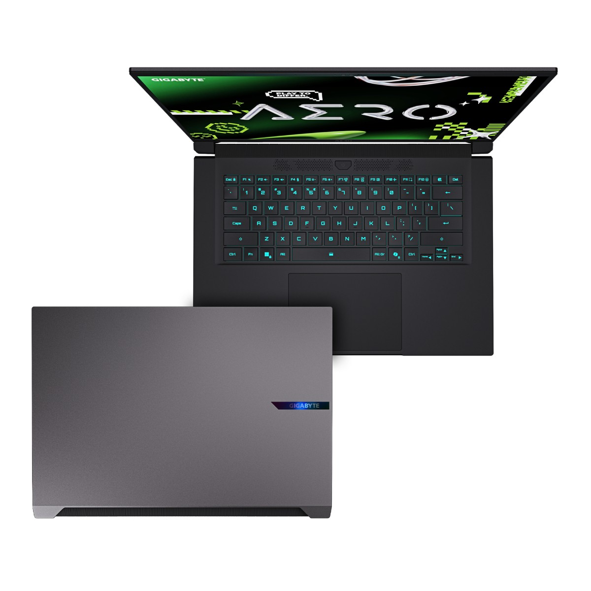 Czarny laptop z szarą zamkniętą pokrywą na białej powierzchni. Ekran jest otwarty, pokazując zielony wzór.