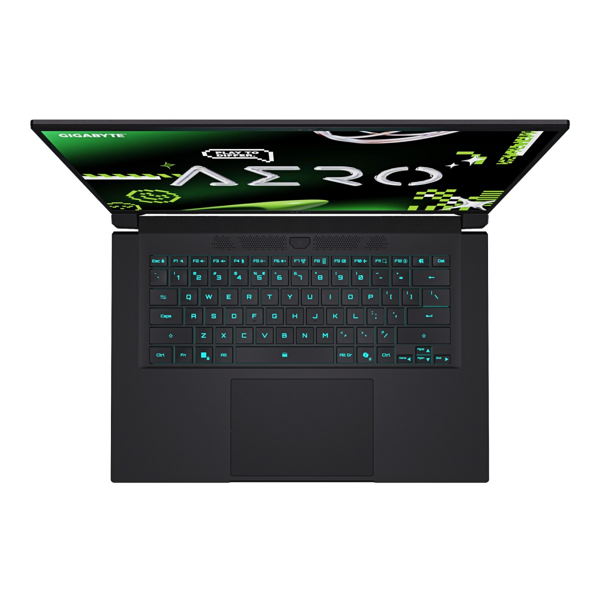 Czarny laptop jest otwarty, wyświetlając klawiaturę i ekran. Ekran ma zieloną grafikę. Klawisze klawiatury świecą na zielono.