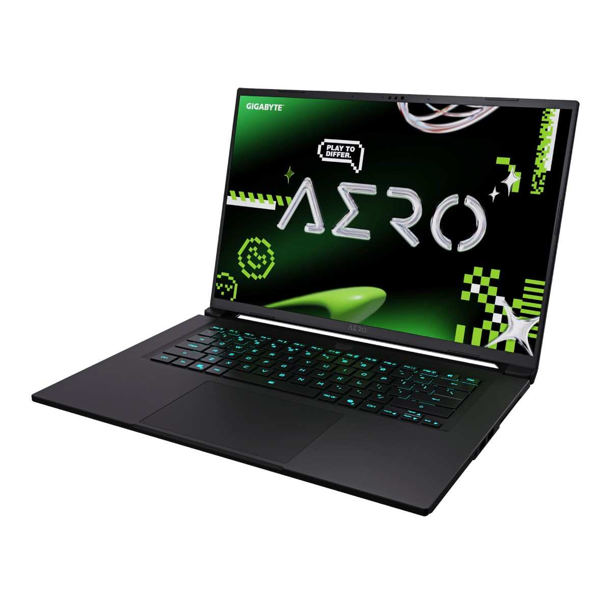 Czarny laptop Gigabyte Aero. Ekran pokazuje zieloną grafikę i tekst. Podświetlana klawiatura. Laptop na białej powierzchni.