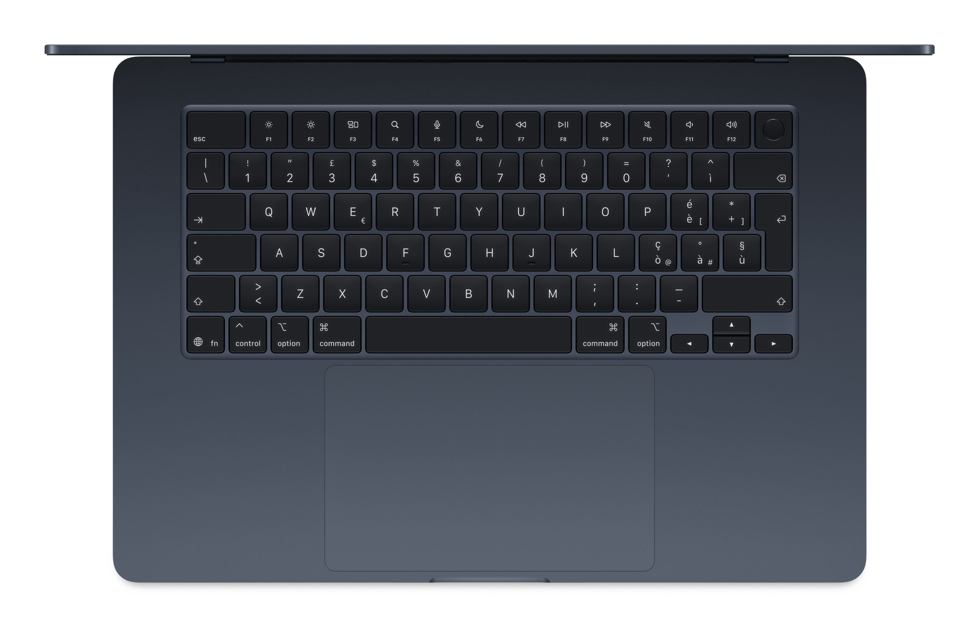 Widok z góry na ciemnoszarą klawiaturę laptopa z klawiszami i panelem dotykowym na białym tle.