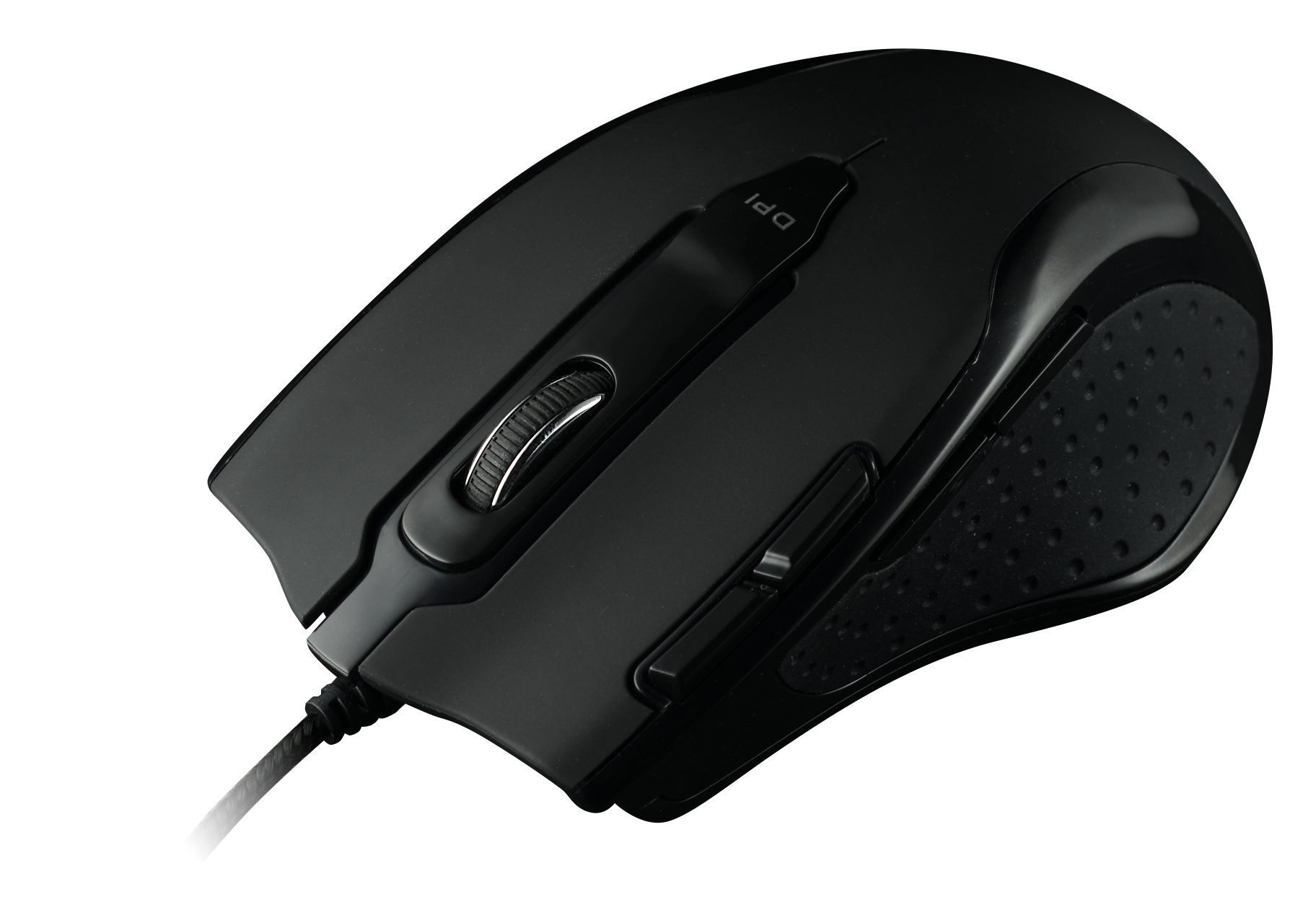 Czarna mysz komputerowa z kółkiem przewijania, przyciskiem DPI i teksturowanym uchwytem bocznym, połączona kablem, na białym tle.