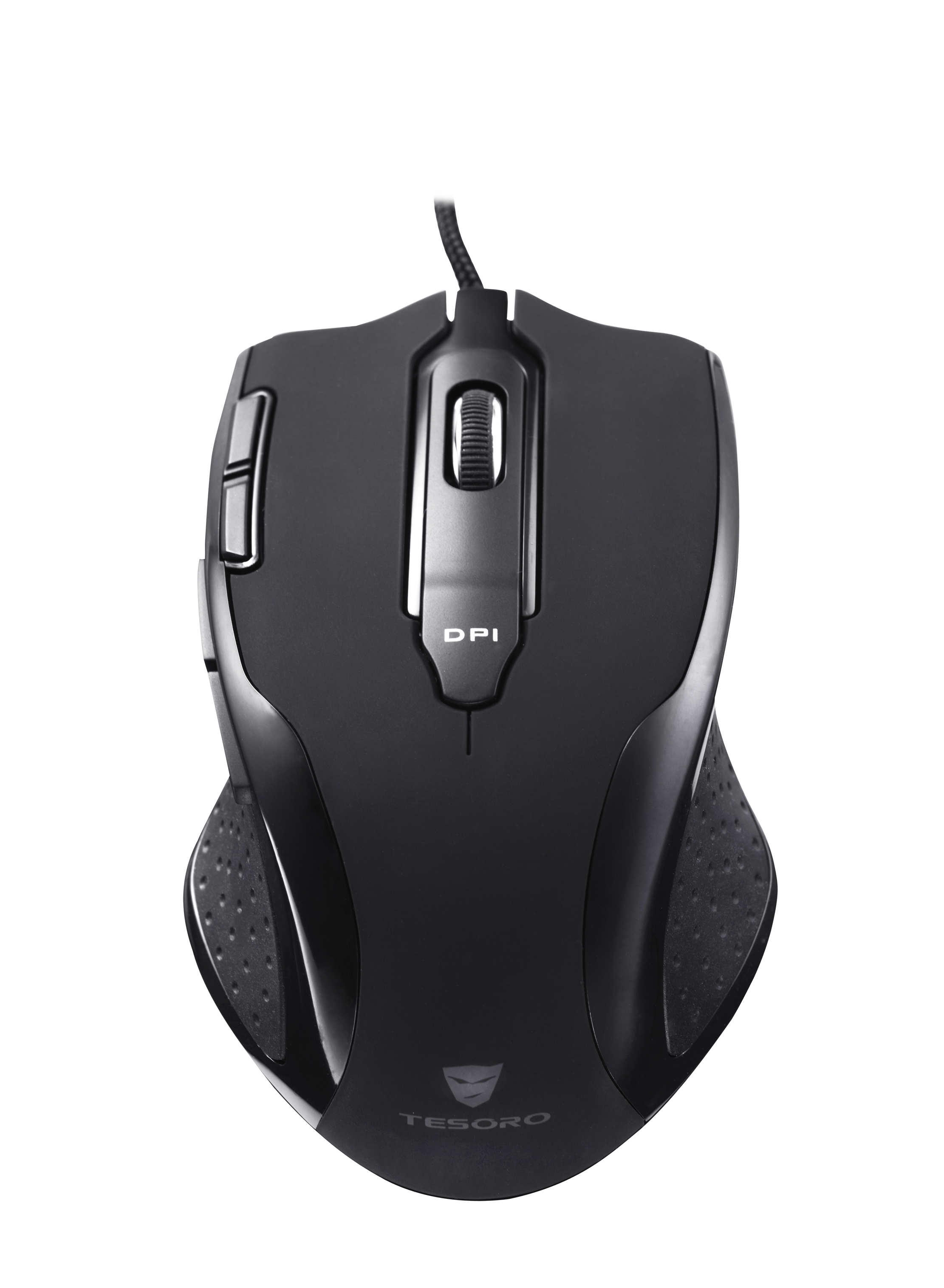 Czarna mysz gamingowa TESORO na białym tle. Posiada przyciski, kółko przewijania i przycisk DPI.